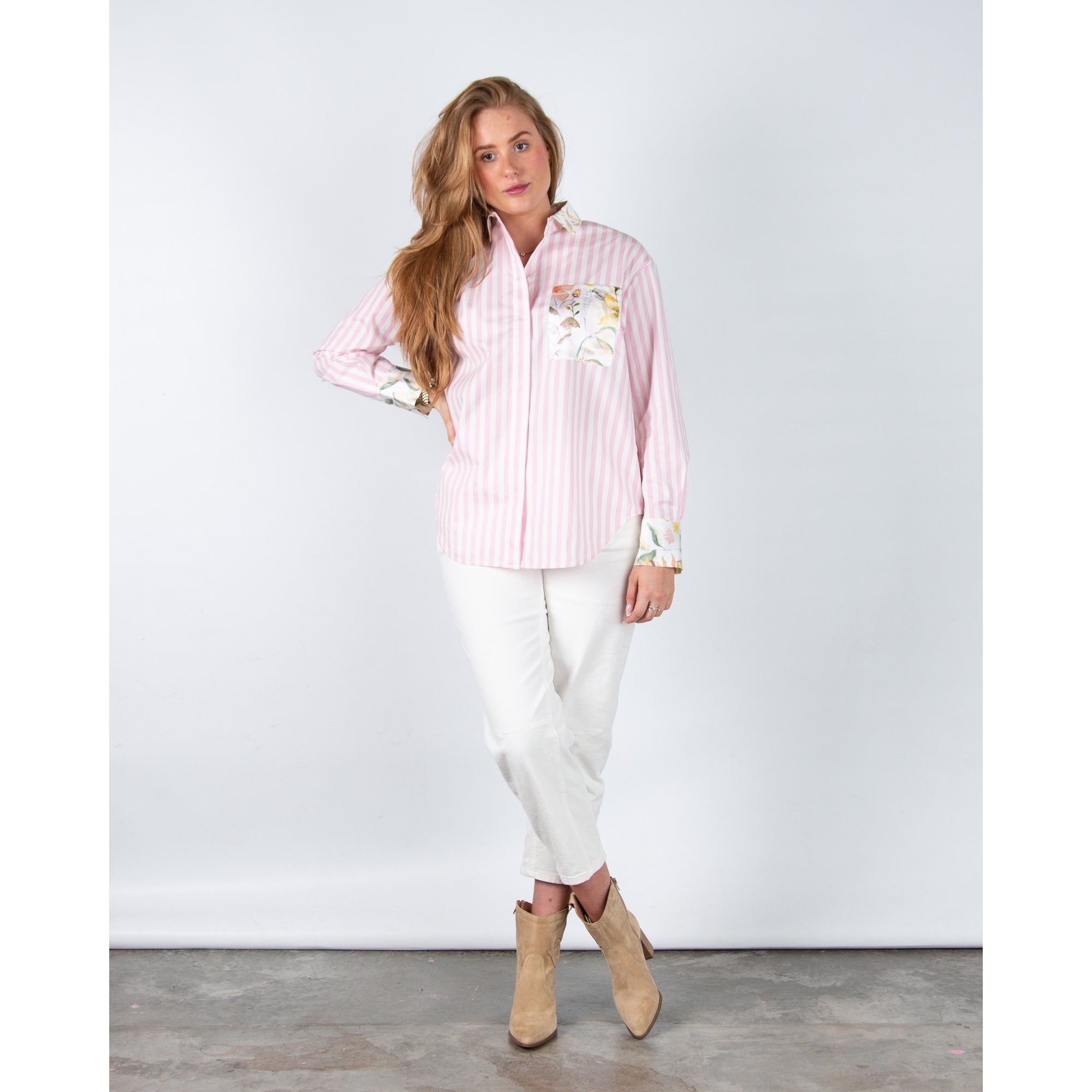 Herzens Angelegenheit Oversized Stripe Shirt With Floral Silk Back A Baby Pink/white