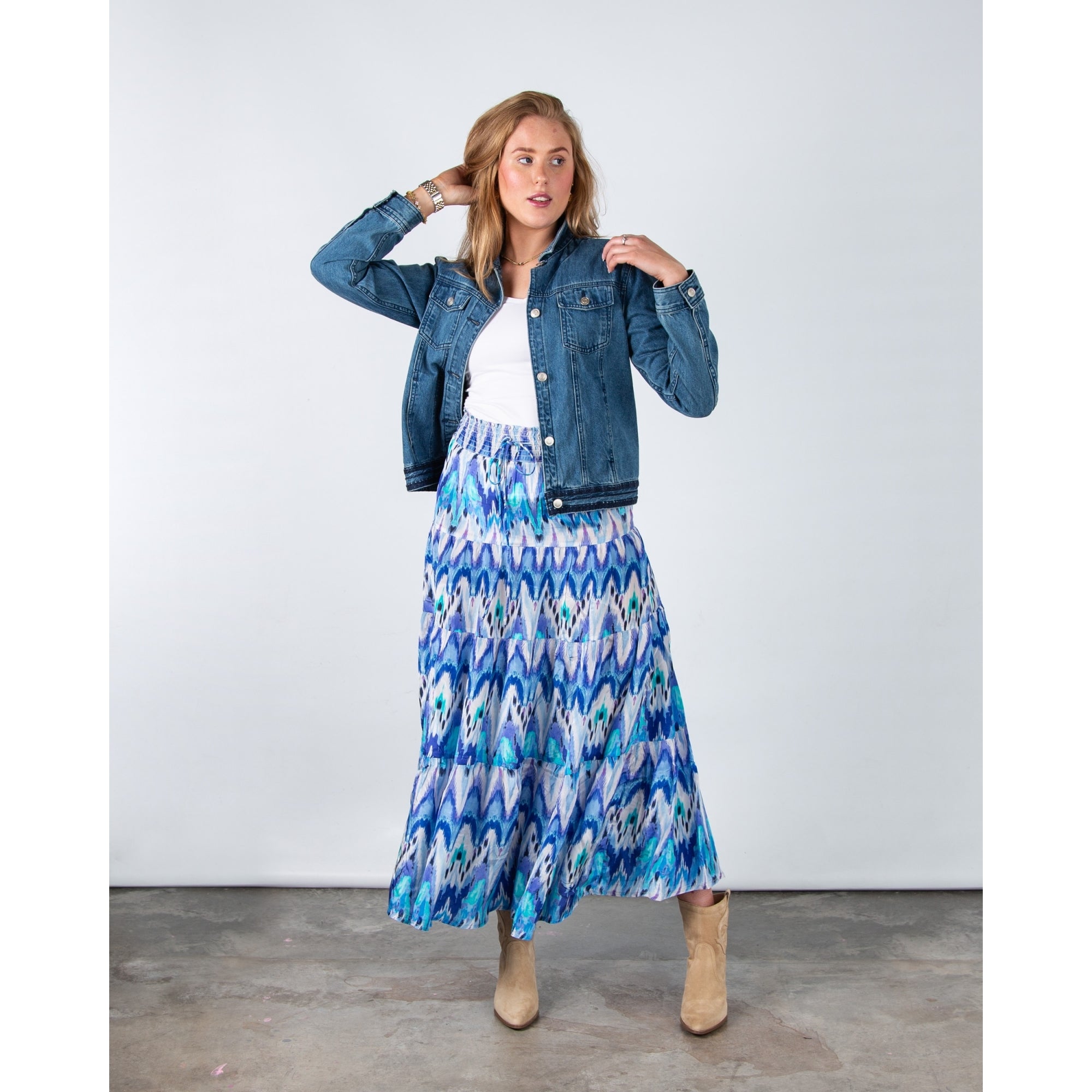 Charlotte Sparre Ikat Print Tiered Skirt With Elastic Waist Jive Blue