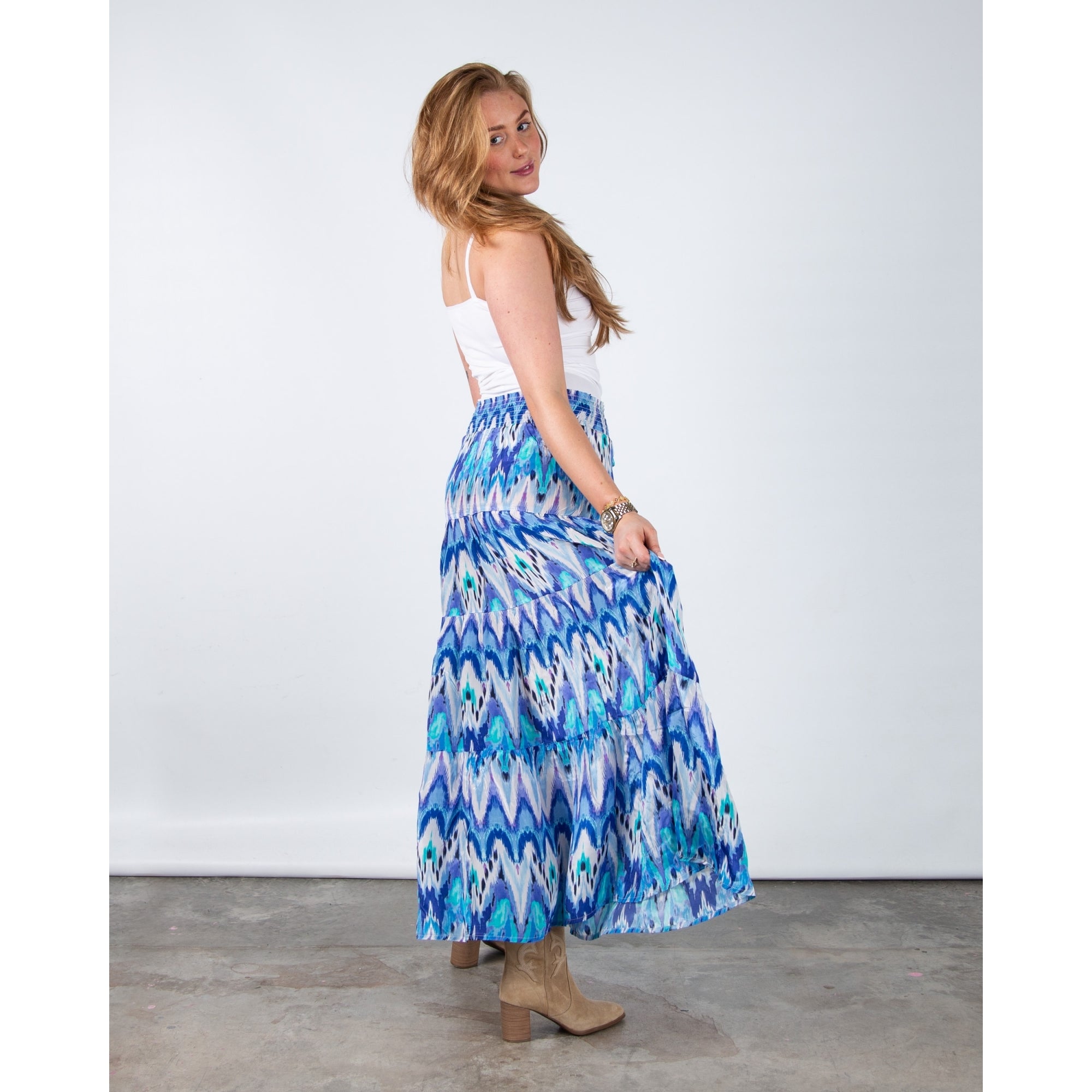 Charlotte Sparre Ikat Print Tiered Skirt With Elastic Waist Jive Blue