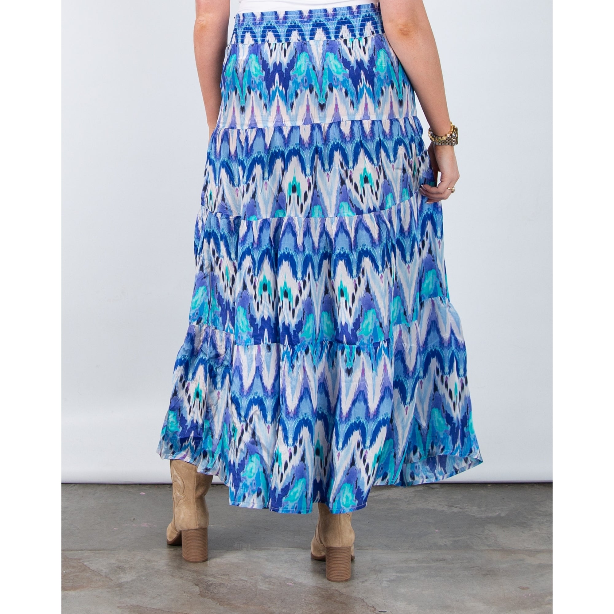Charlotte Sparre Ikat Print Tiered Skirt With Elastic Waist Jive Blue