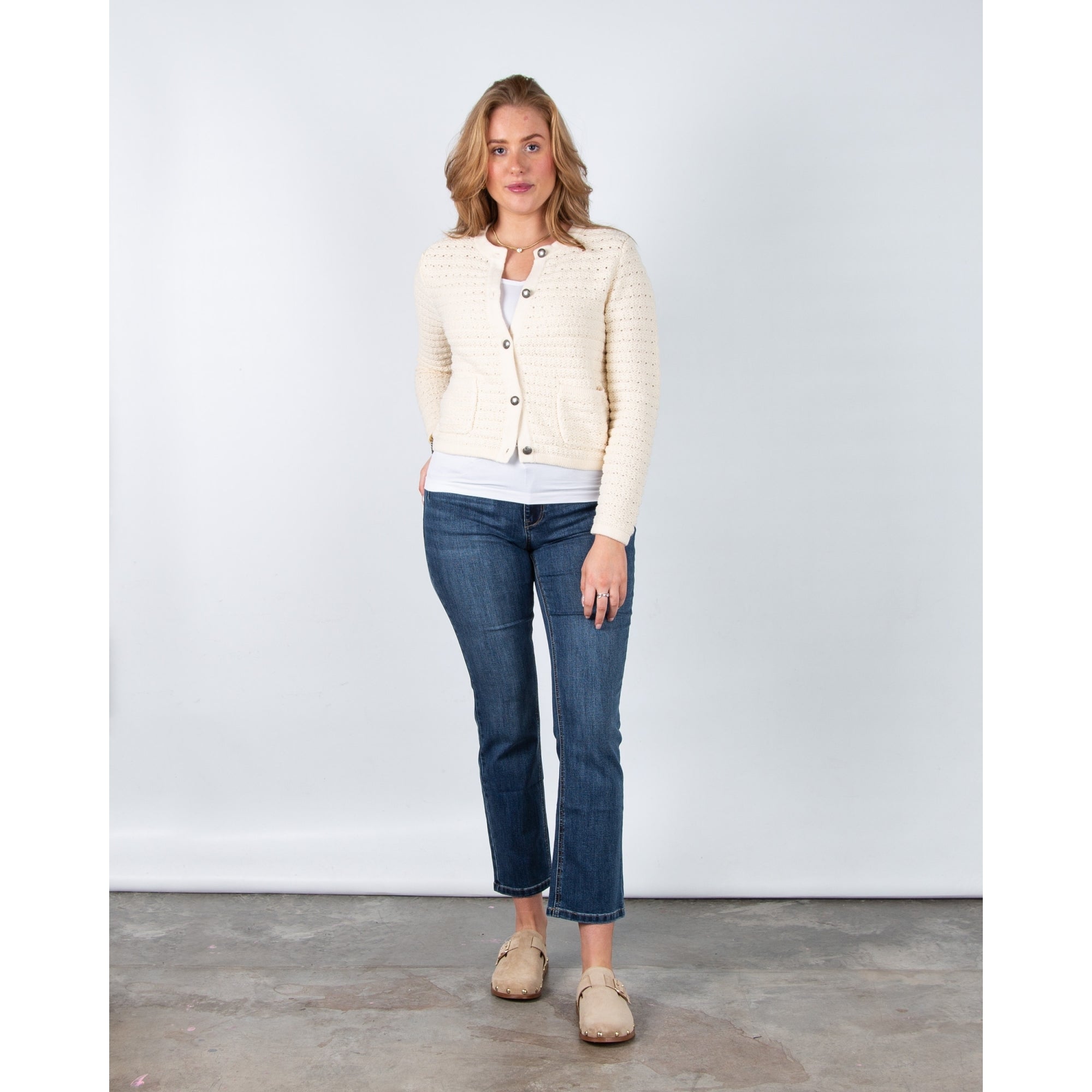Red Button Diana Waffle Knit Pocket Front Cardigan Cream