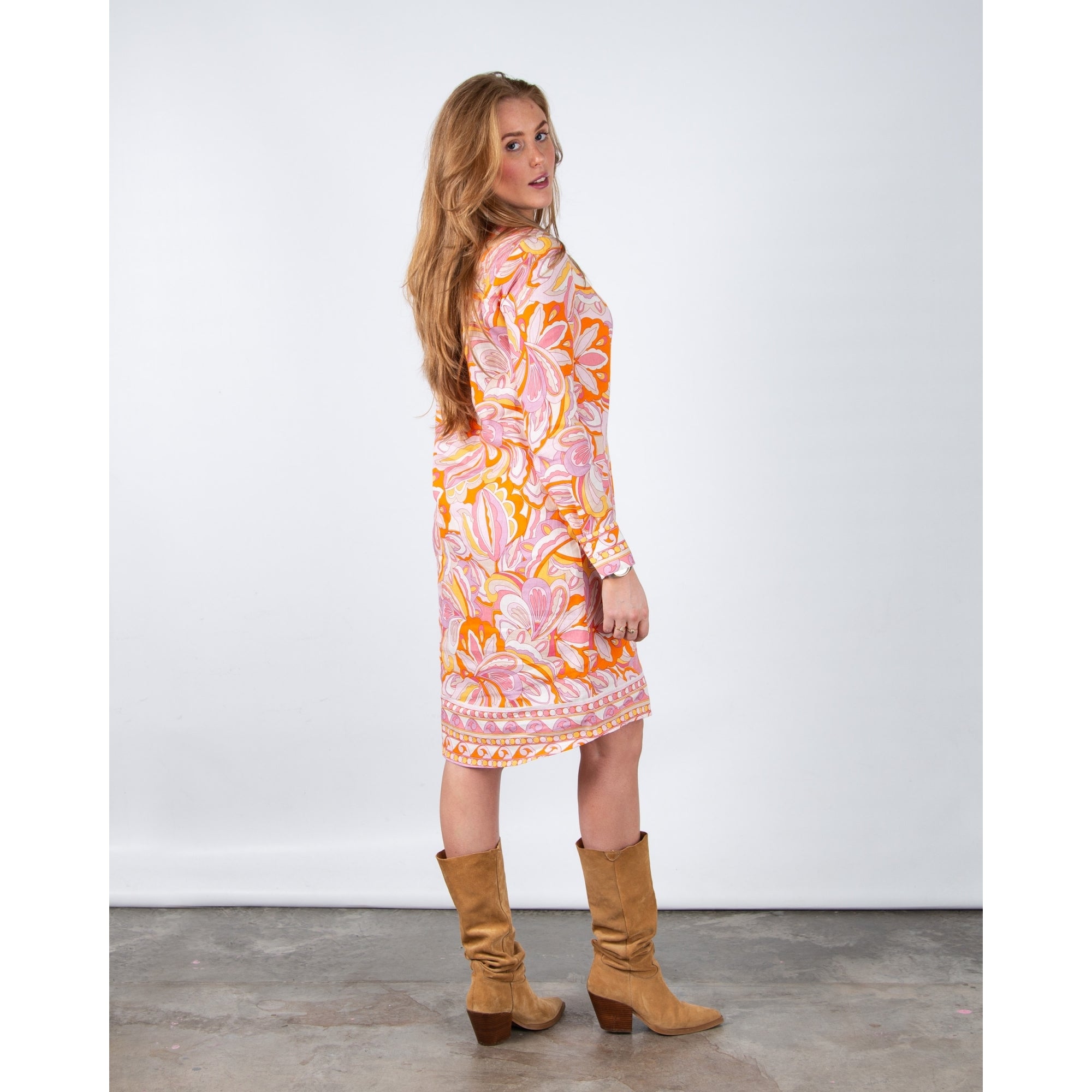 Charlotte Sparre Bliss Geometric Floral Nehru Collar Linen Dress Sally Lin Pink