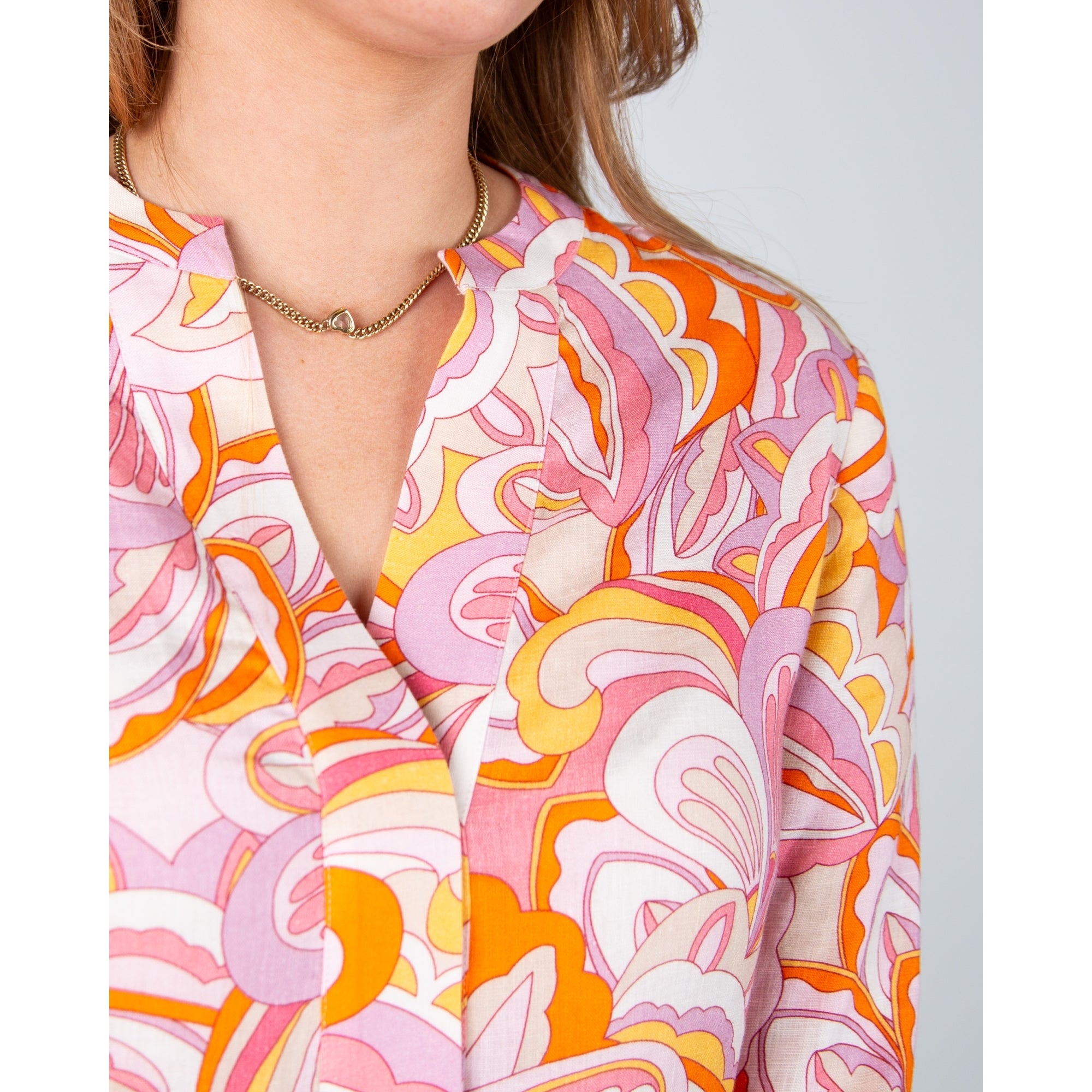 Charlotte Sparre Bliss Geometric Floral Nehru Collar Linen Dress Sally Lin Pink