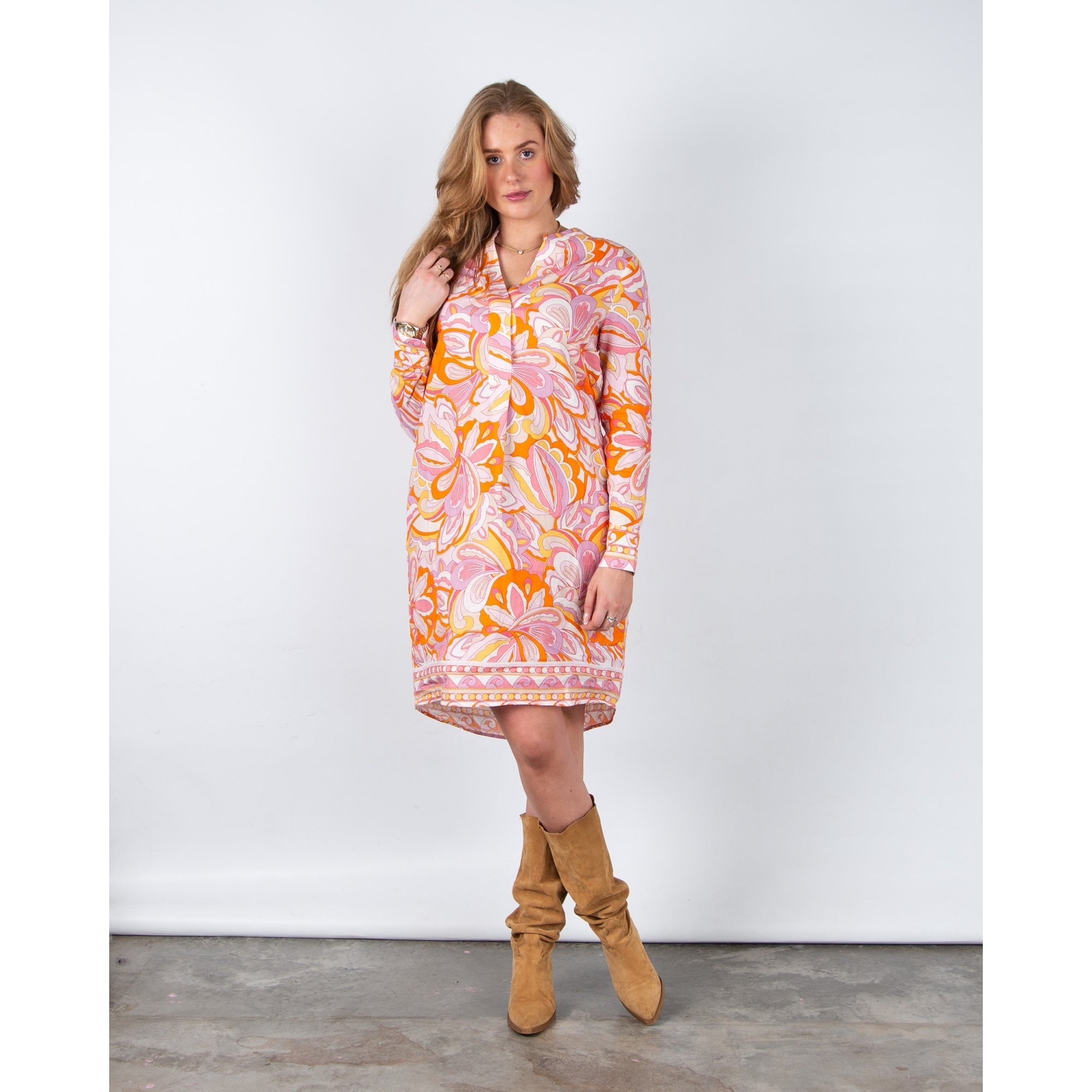 Charlotte Sparre Bliss Geometric Floral Nehru Collar Linen Dress Sally Lin Pink