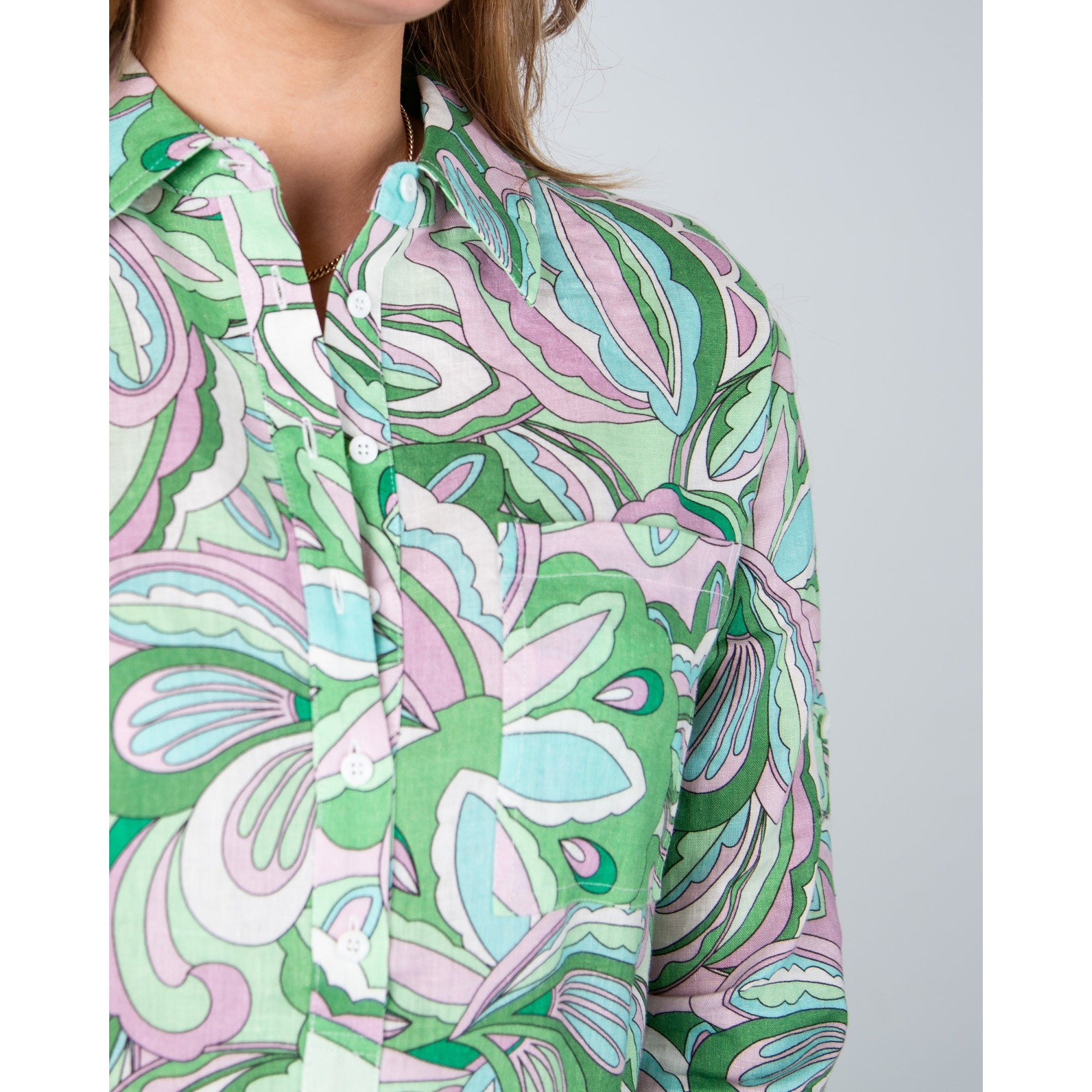 Charlotte Sparre Lin Geometric Floral Loose Bodied Linen Shirt Dress Sally Lin Green