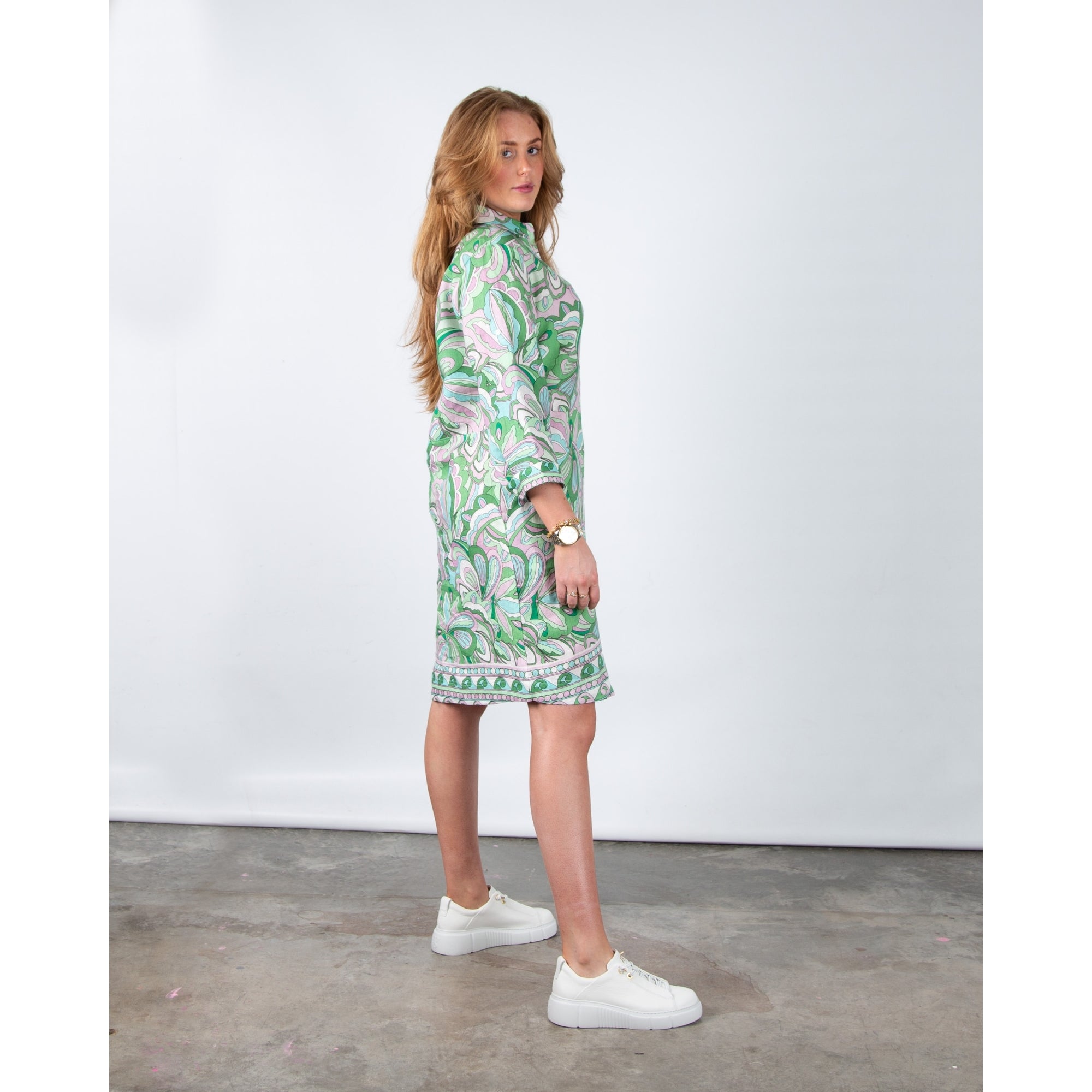 Charlotte Sparre Lin Geometric Floral Loose Bodied Linen Shirt Dress Sally Lin Green