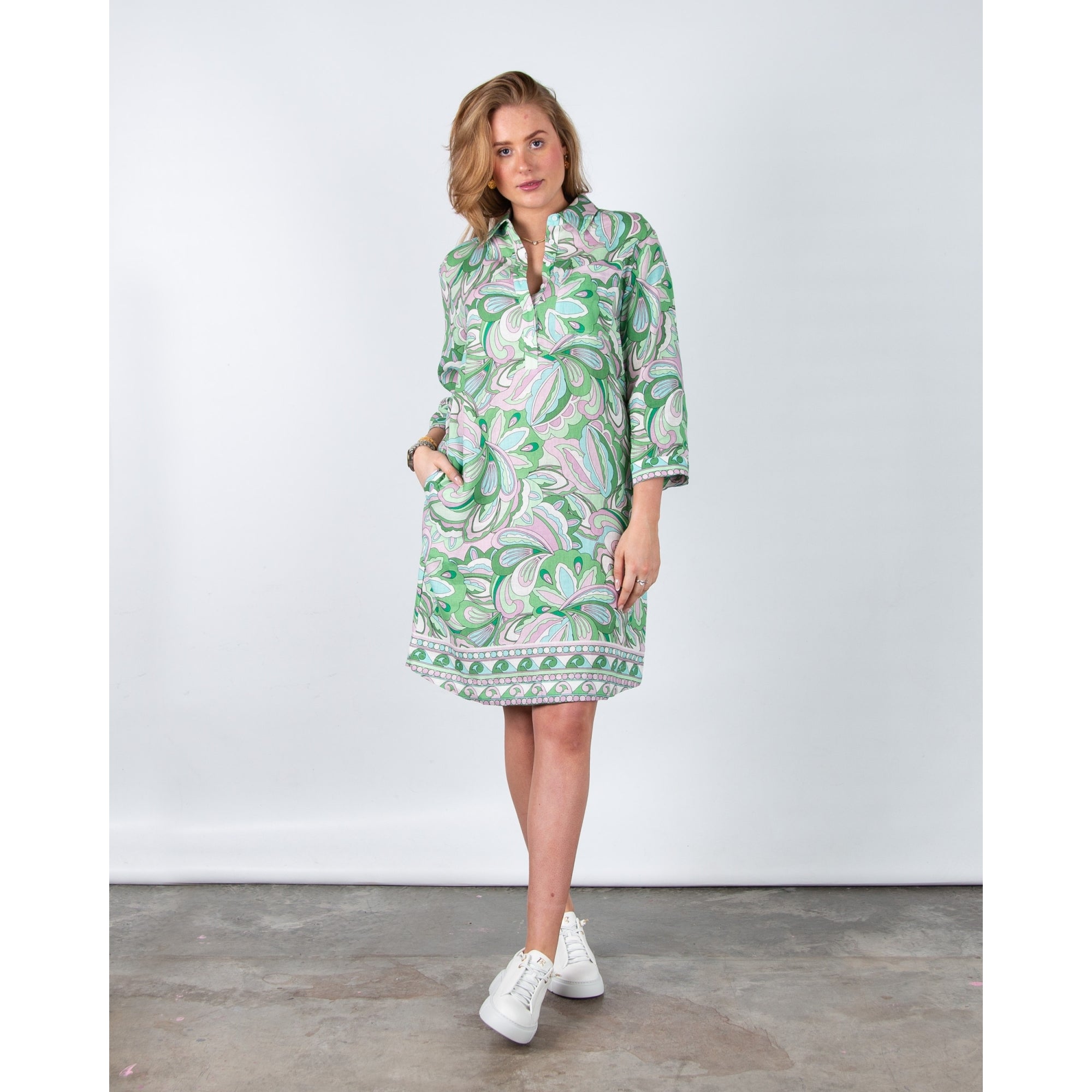 Charlotte Sparre Lin Geometric Floral Loose Bodied Linen Shirt Dress Sally Lin Green
