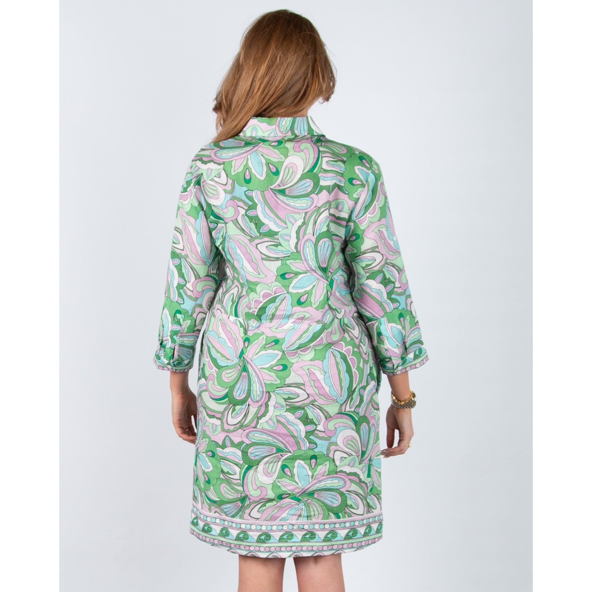 Charlotte Sparre Lin Geometric Floral Loose Bodied Linen Shirt Dress Sally Lin Green