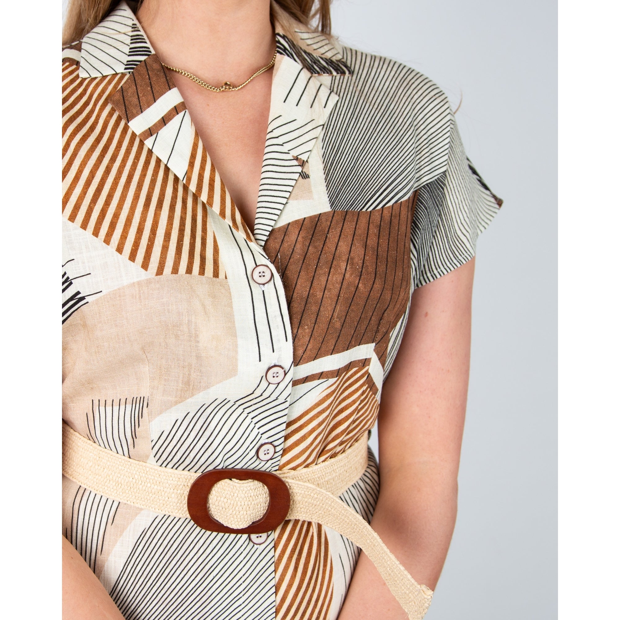 Bariloche Consell Short Sleeve Retro Print Belted Shirt Dress Ecru/brown