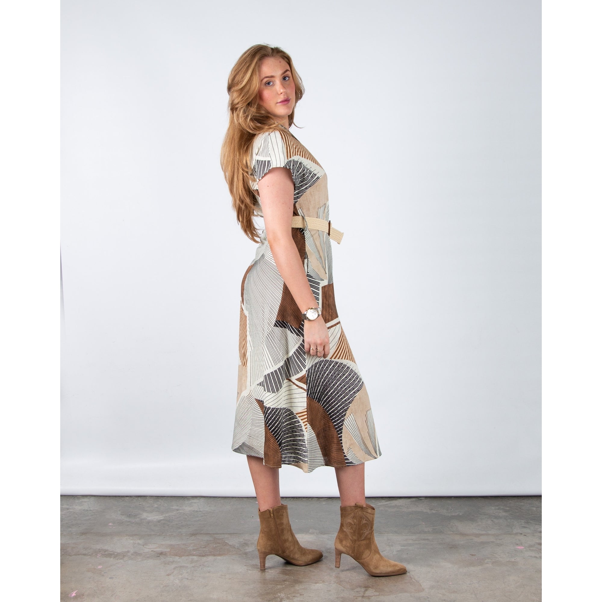 Bariloche Consell Short Sleeve Retro Print Belted Shirt Dress Ecru/brown