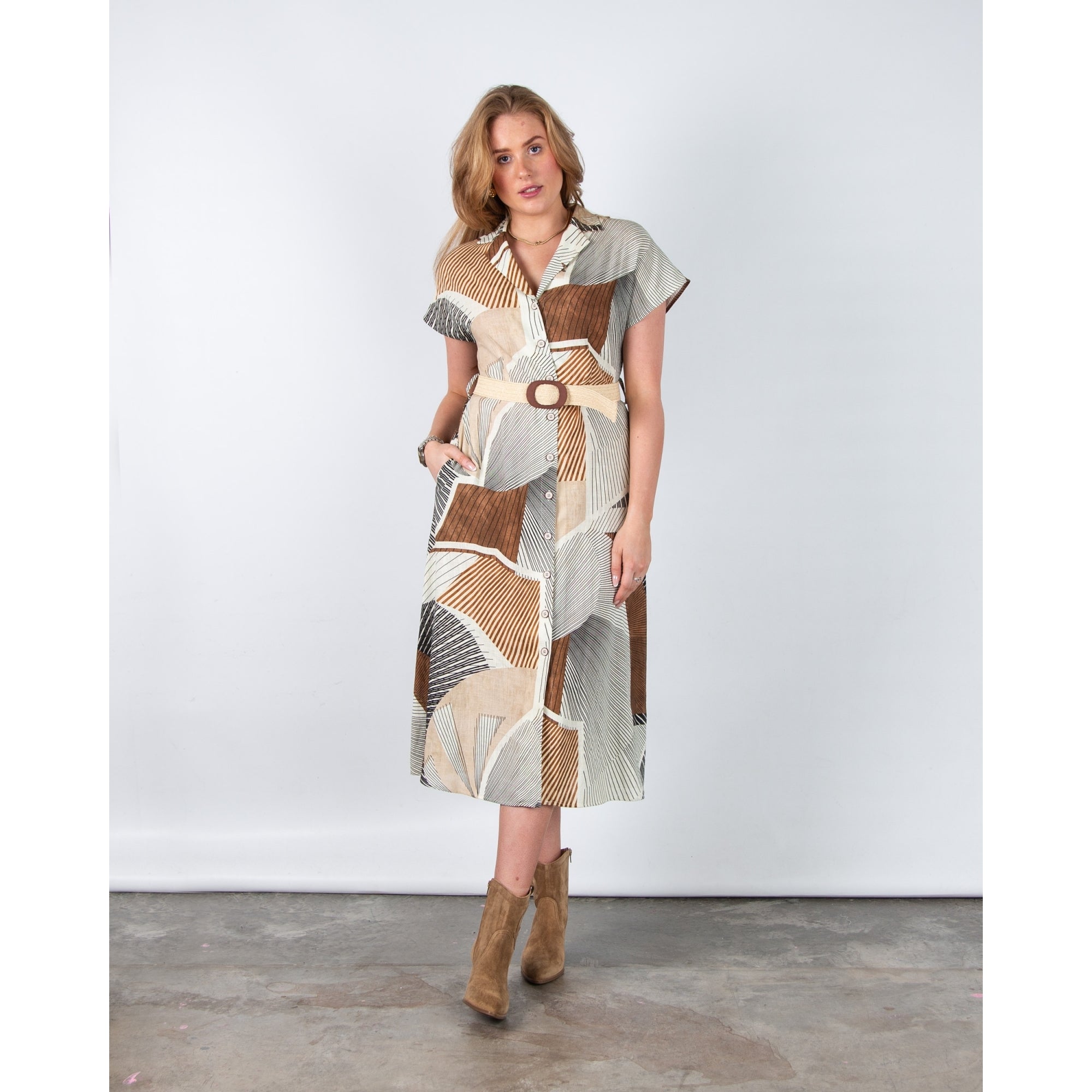 Bariloche Consell Short Sleeve Retro Print Belted Shirt Dress Ecru/brown