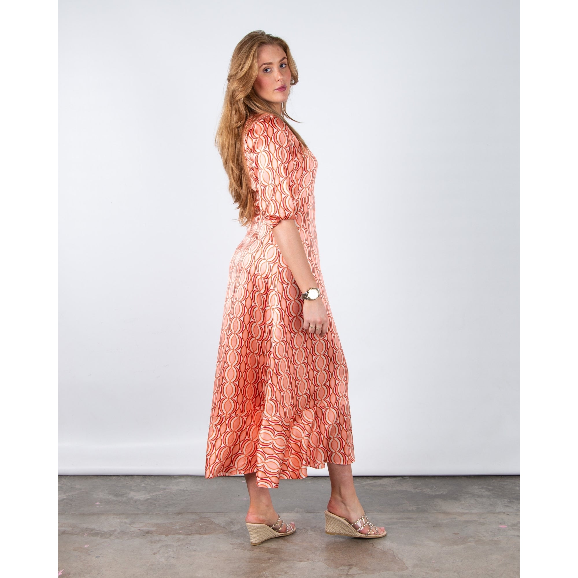 Charlotte Sparre Ava Geometric Circle V Neck Empire Line Silk Maxi Myriam Red