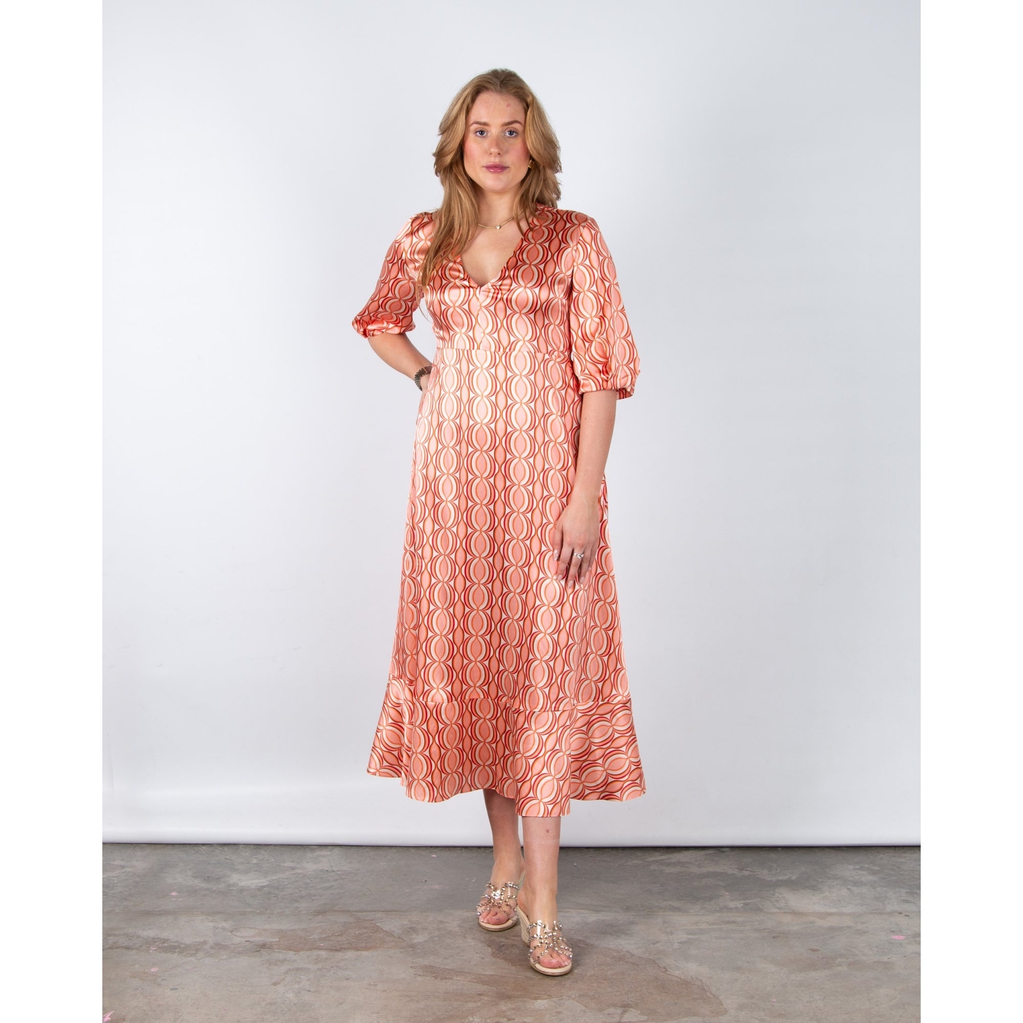 Charlotte Sparre Ava Geometric Circle V Neck Empire Line Silk Maxi Myriam Red