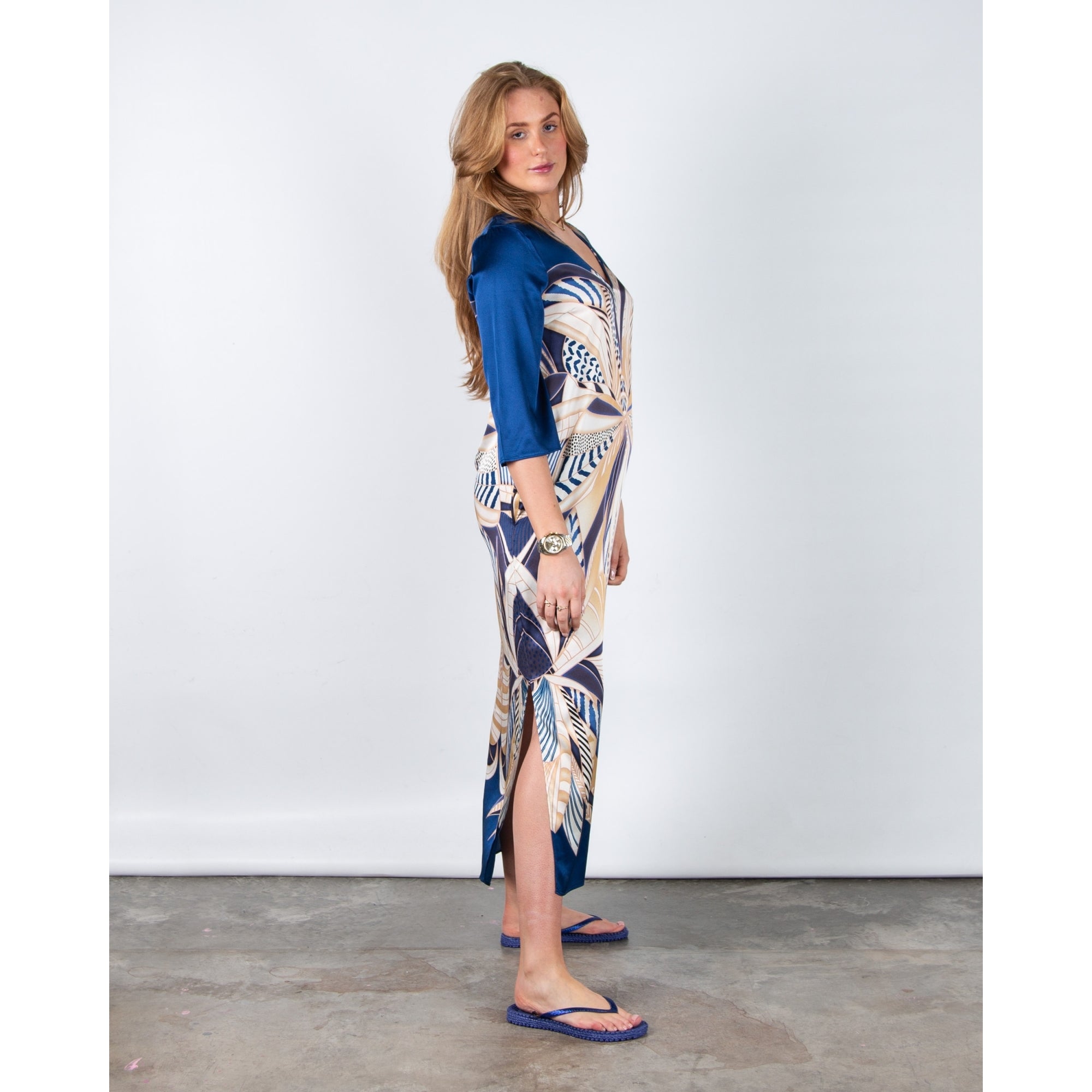 Charlotte Sparre Margot V Neck Loose Bodied Palm Print Silk Dress Blue/taupe