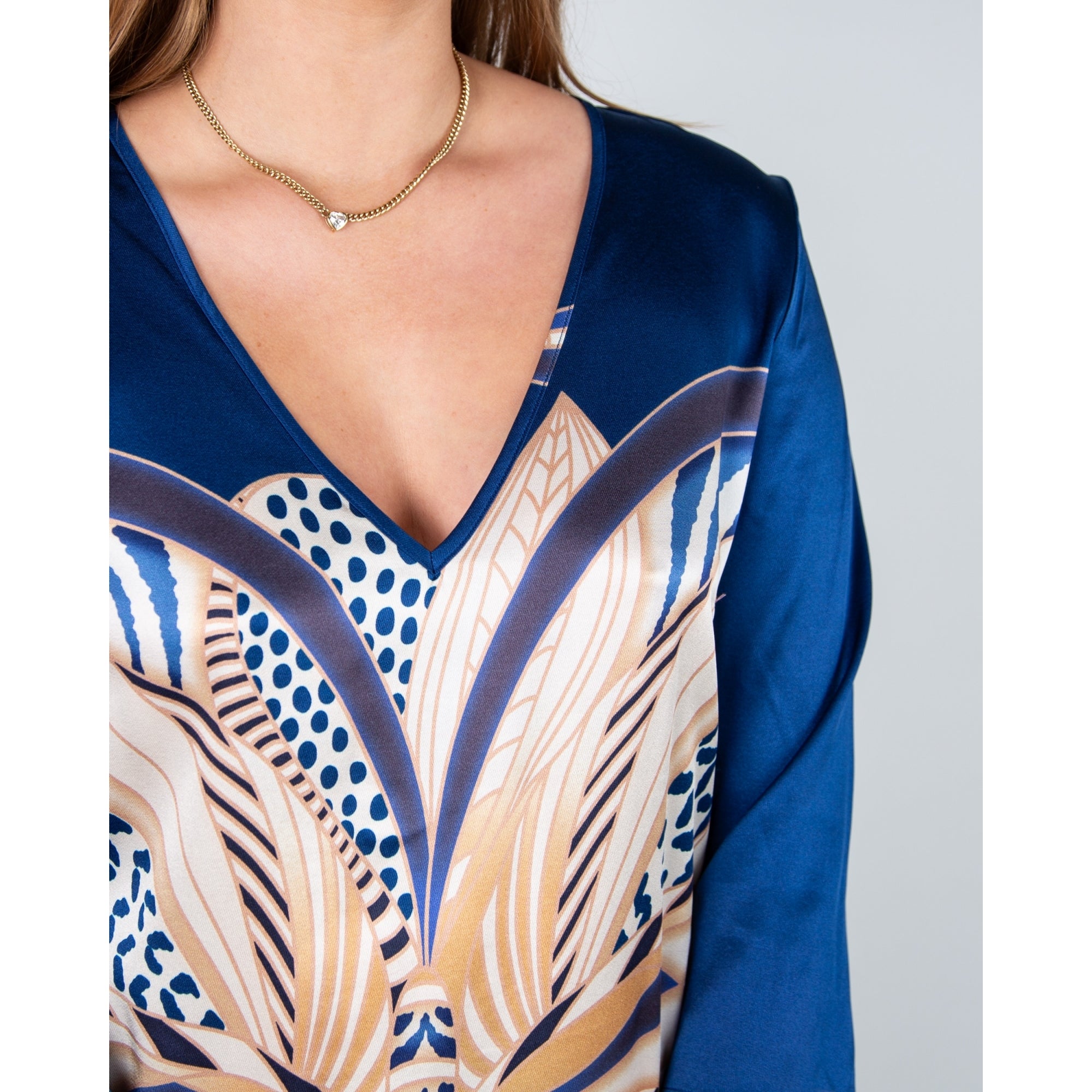 Charlotte Sparre Margot V Neck Loose Bodied Palm Print Silk Dress Blue/taupe