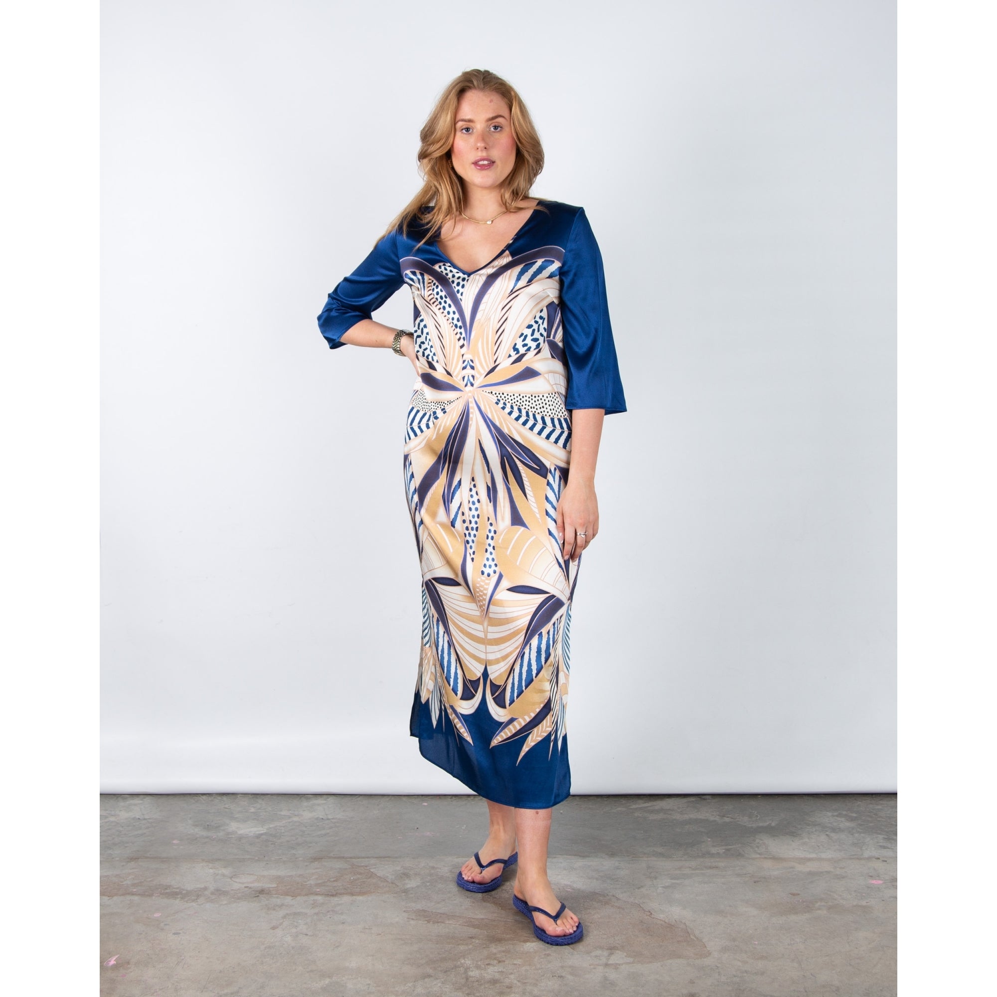 Charlotte Sparre Margot V Neck Loose Bodied Palm Print Silk Dress Blue/taupe