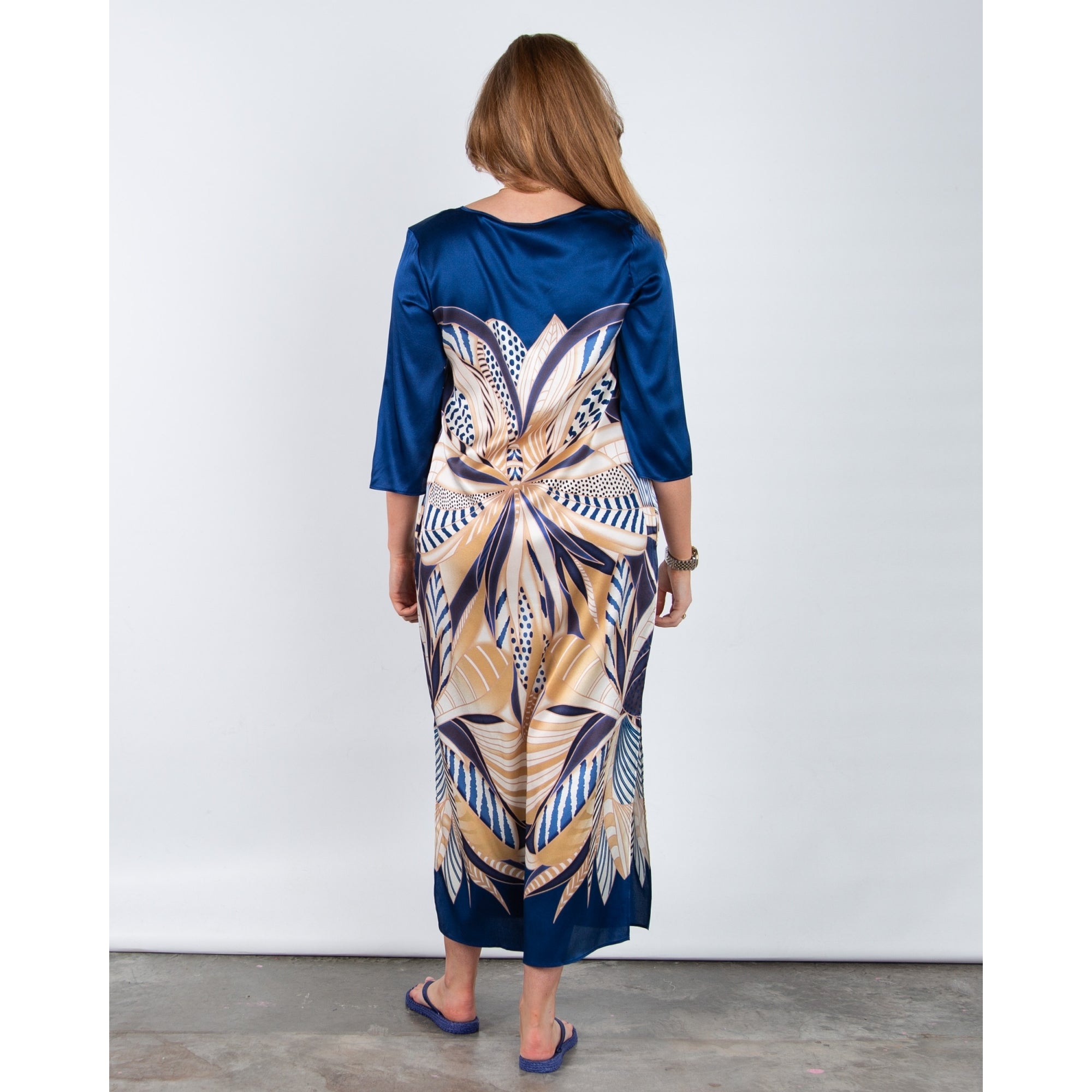 Charlotte Sparre Margot V Neck Loose Bodied Palm Print Silk Dress Blue/taupe