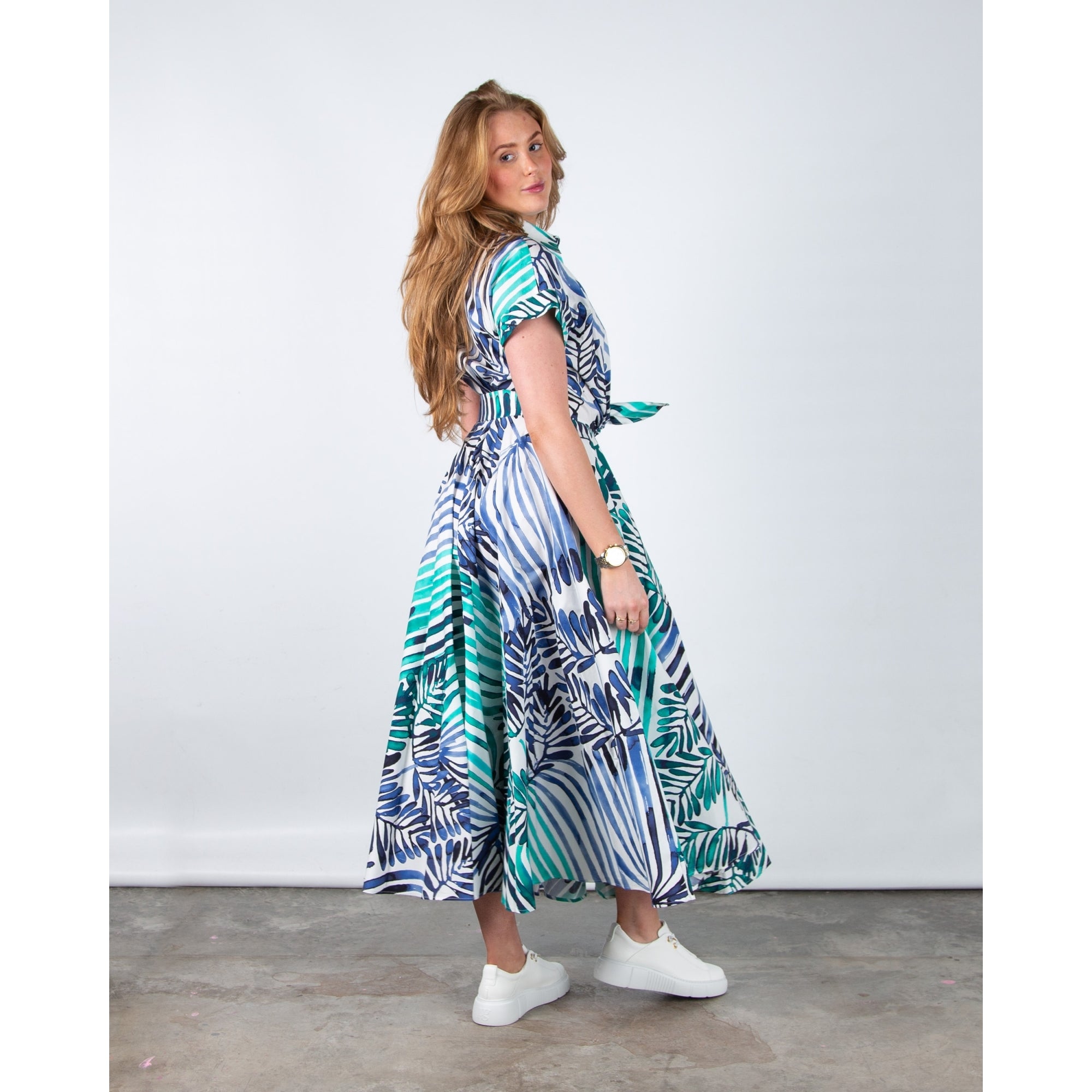 Sara Roka Drareen90 Painted Stripe Tie Waist Cotton Shirt Dress Deco Indigo Emerald