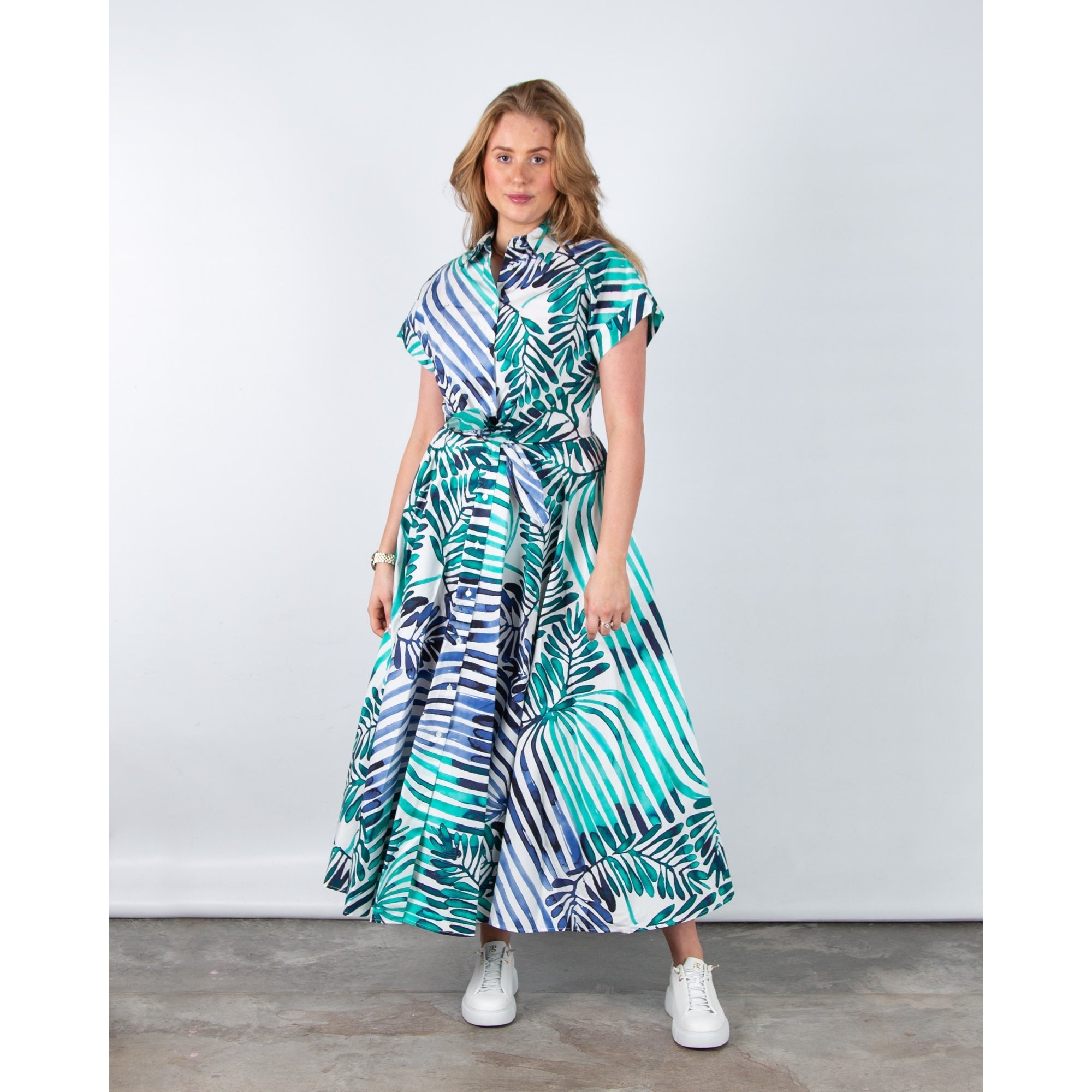 Sara Roka Drareen90 Painted Stripe Tie Waist Cotton Shirt Dress Deco Indigo Emerald