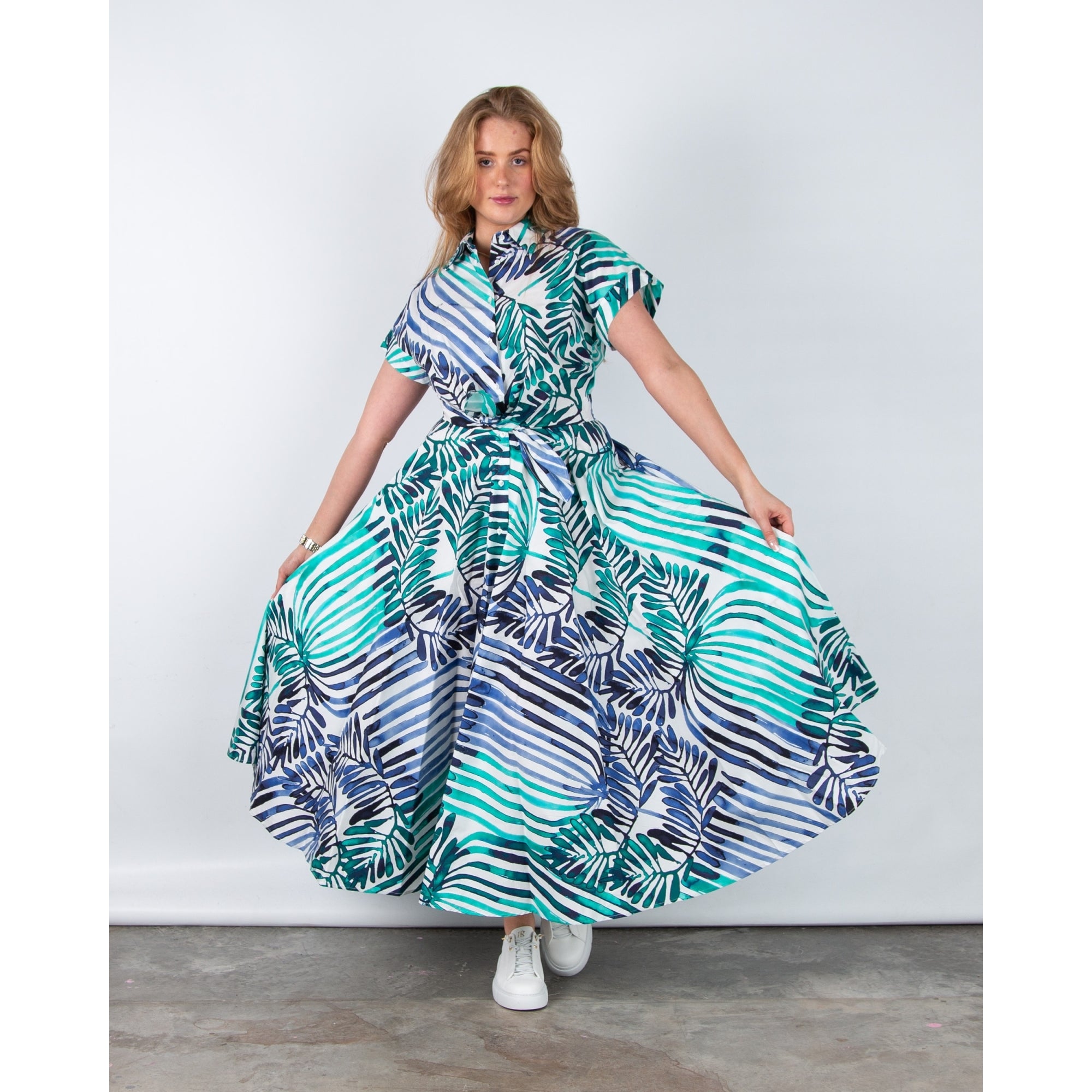 Sara Roka Drareen90 Painted Stripe Tie Waist Cotton Shirt Dress Deco Indigo Emerald