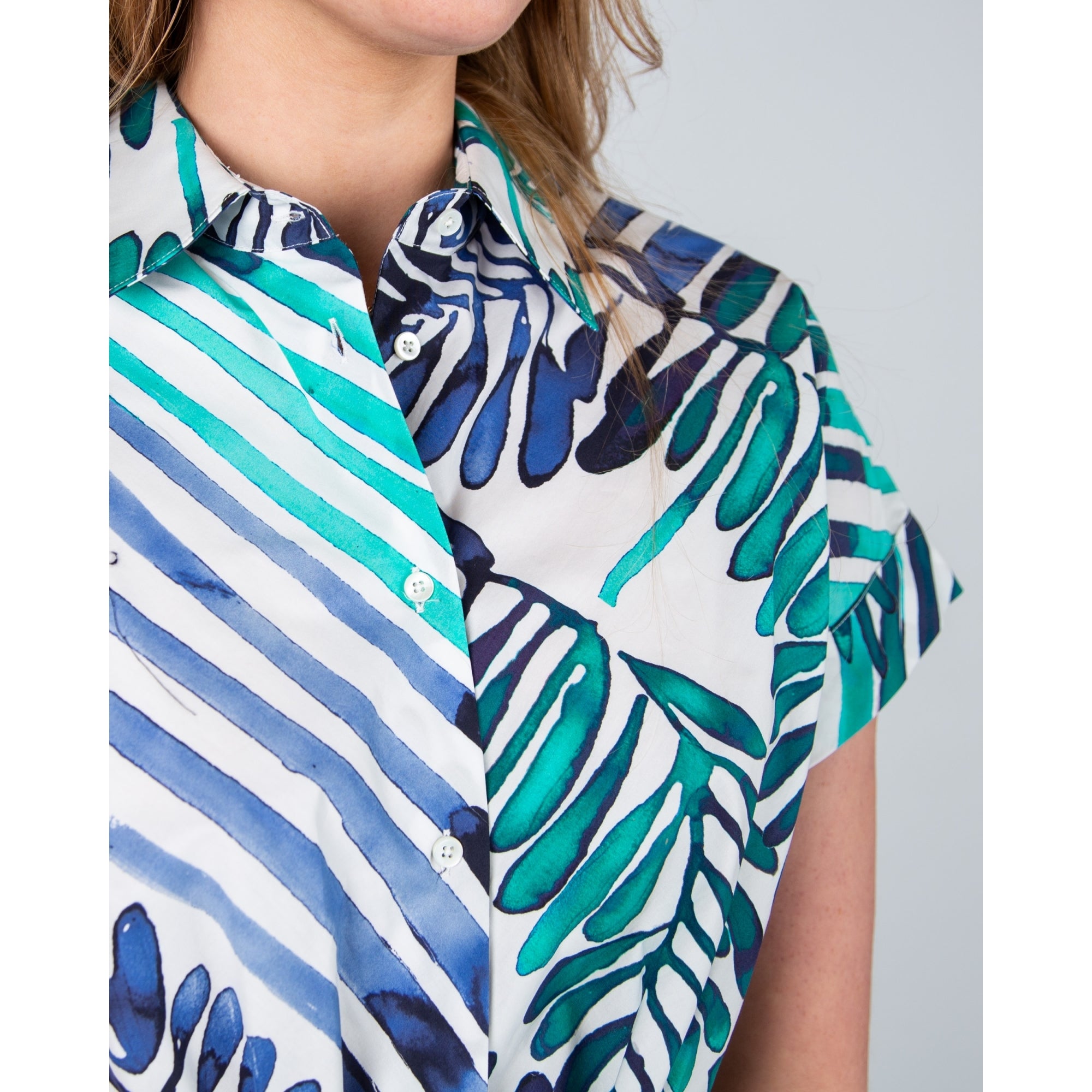 Sara Roka Drareen90 Painted Stripe Tie Waist Cotton Shirt Dress Deco Indigo Emerald