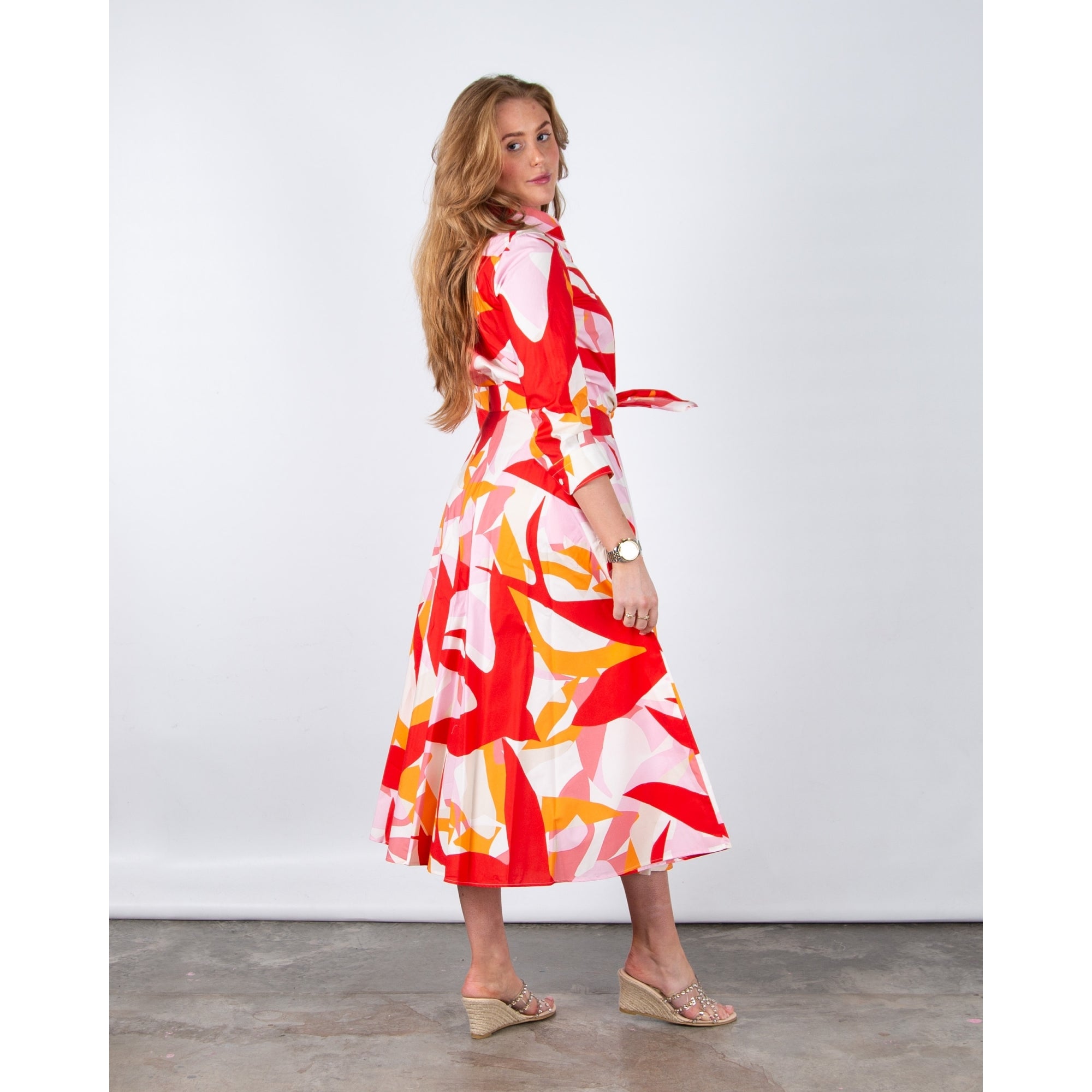 Sara Roka Dralla85 Abstract Bird Print Tie Waist Shirt Dress Red Doves