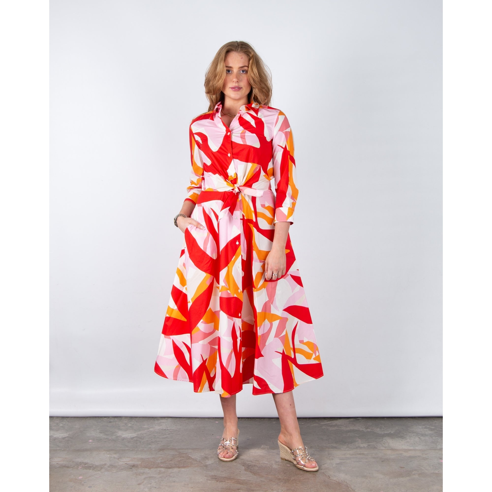 Sara Roka Dralla85 Abstract Bird Print Tie Waist Shirt Dress Red Doves