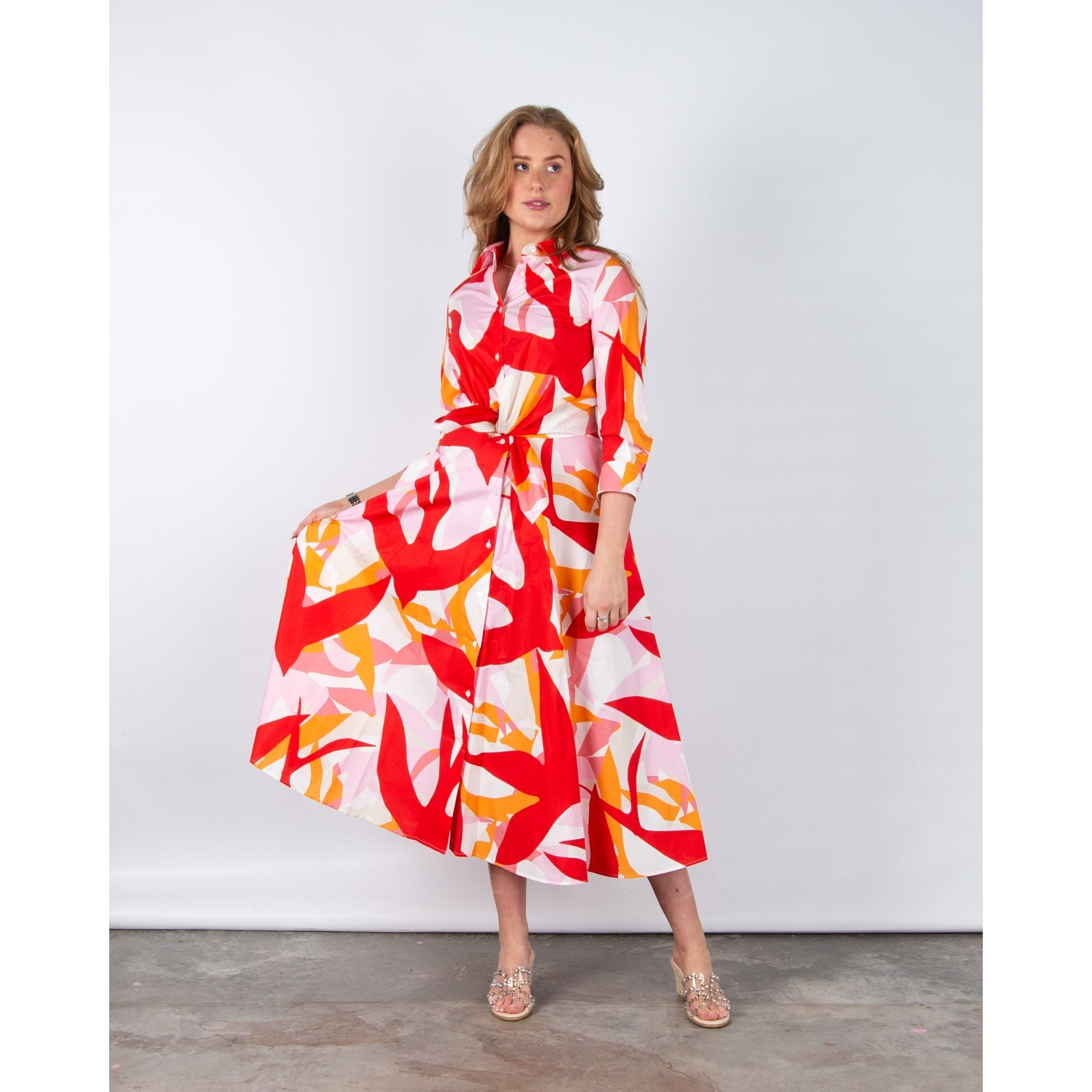 Sara Roka Dralla85 Abstract Bird Print Tie Waist Shirt Dress Red Doves