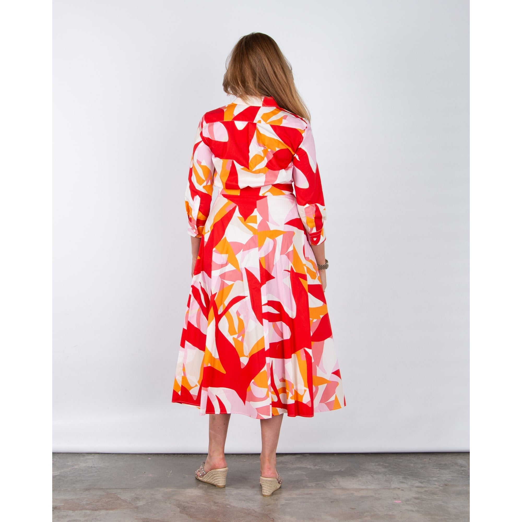 Sara Roka Dralla85 Abstract Bird Print Tie Waist Shirt Dress Red Doves