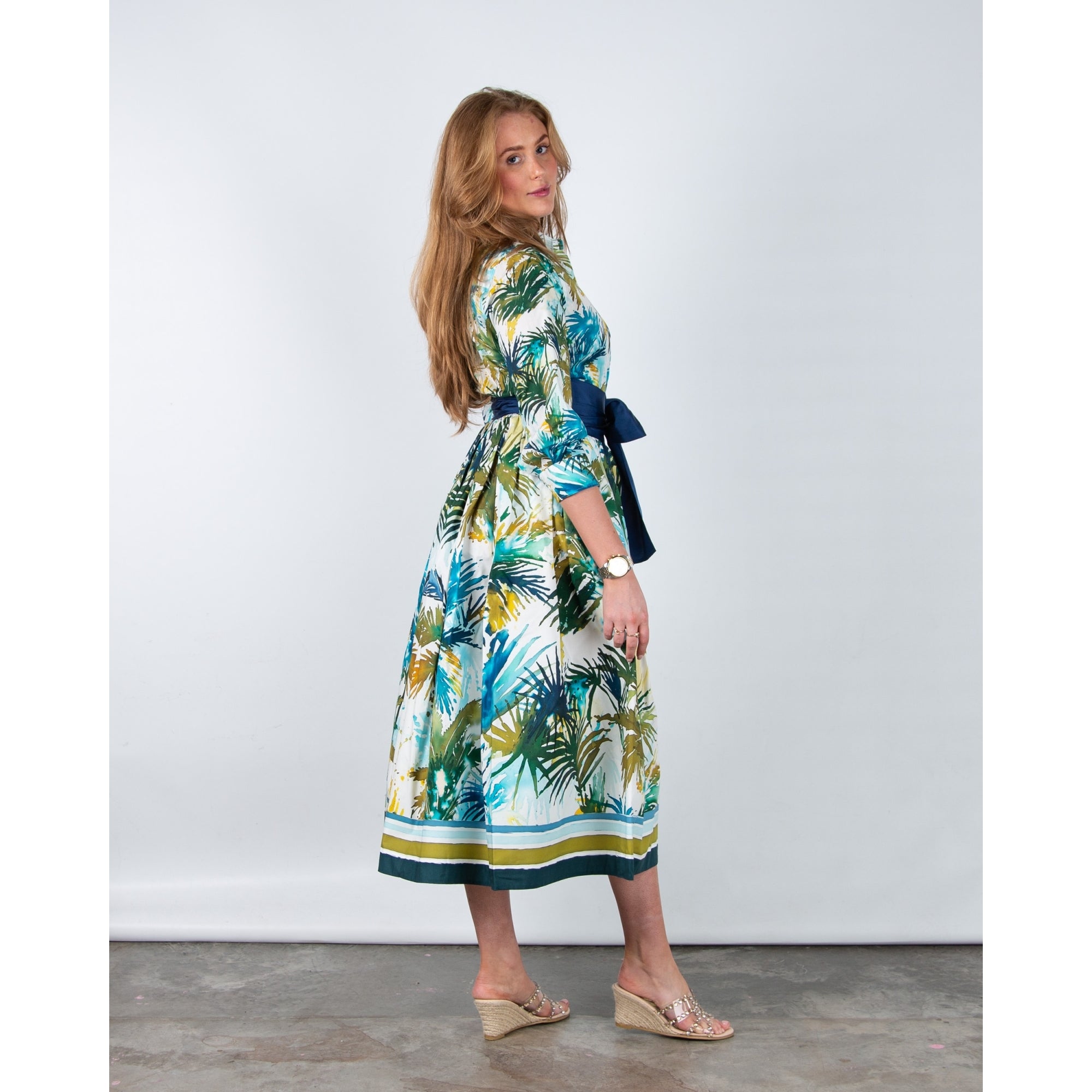 Sara Roka ElenaT85 Palm Print Stripe Trim Shirt Dress With Blue Belt Watercolour Palms