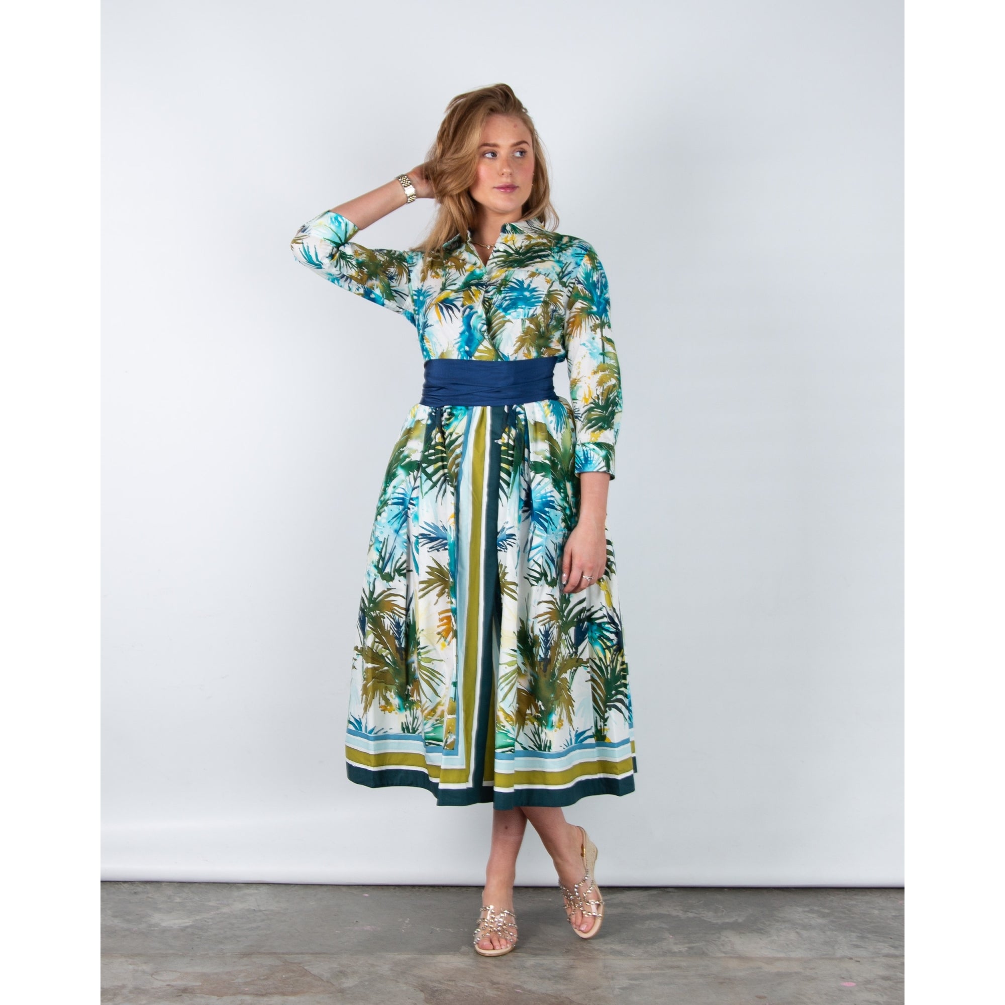 Sara Roka ElenaT85 Palm Print Stripe Trim Shirt Dress With Blue Belt Watercolour Palms