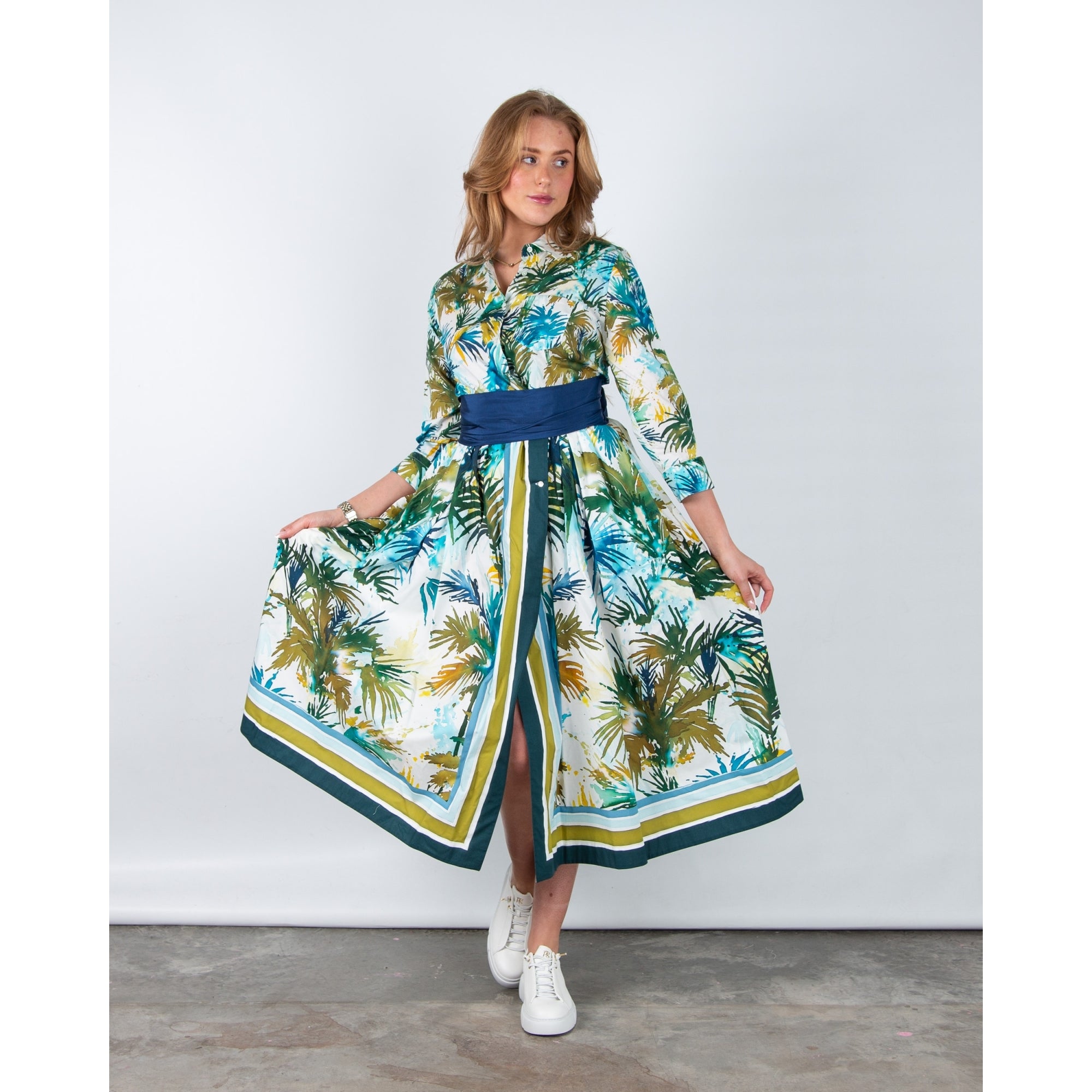 Sara Roka ElenaT85 Palm Print Stripe Trim Shirt Dress With Blue Belt Watercolour Palms
