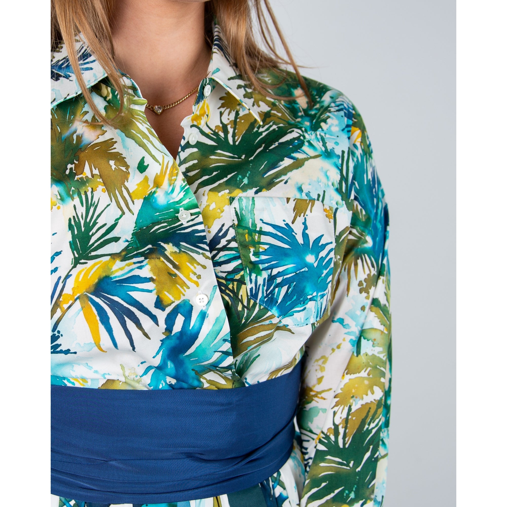 Sara Roka ElenaT85 Palm Print Stripe Trim Shirt Dress With Blue Belt Watercolour Palms