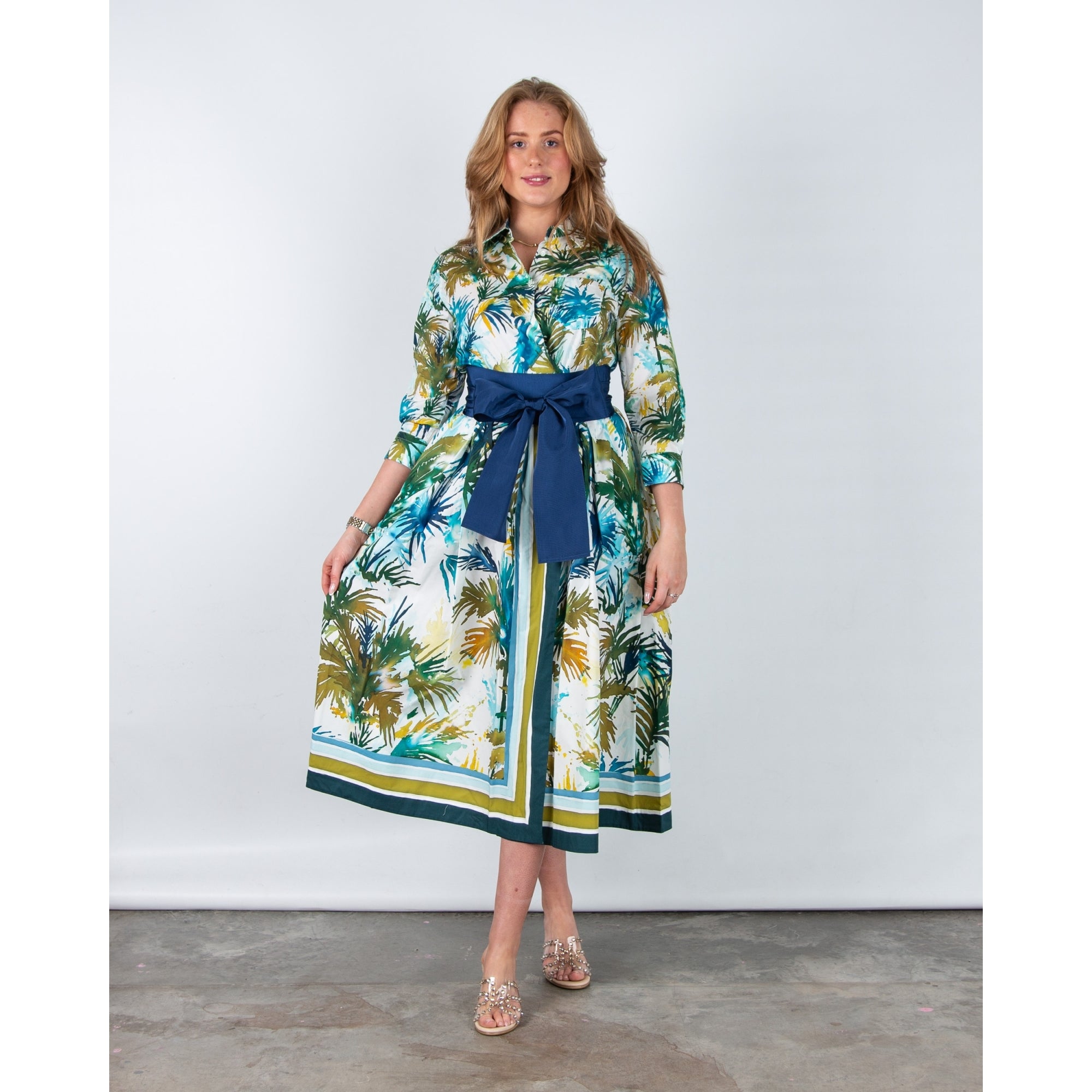 Sara Roka ElenaT85 Palm Print Stripe Trim Shirt Dress With Blue Belt Watercolour Palms