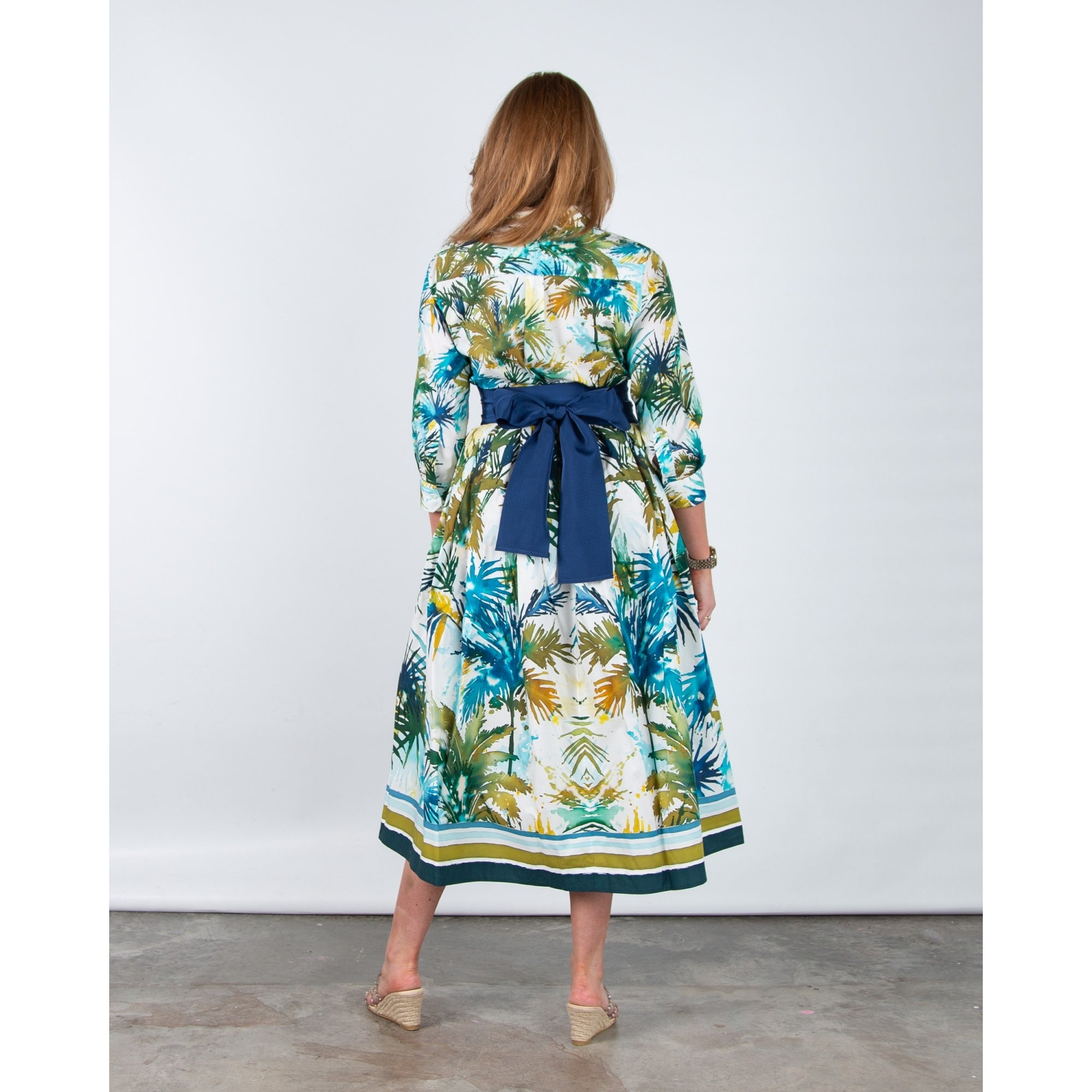 Sara Roka ElenaT85 Palm Print Stripe Trim Shirt Dress With Blue Belt Watercolour Palms