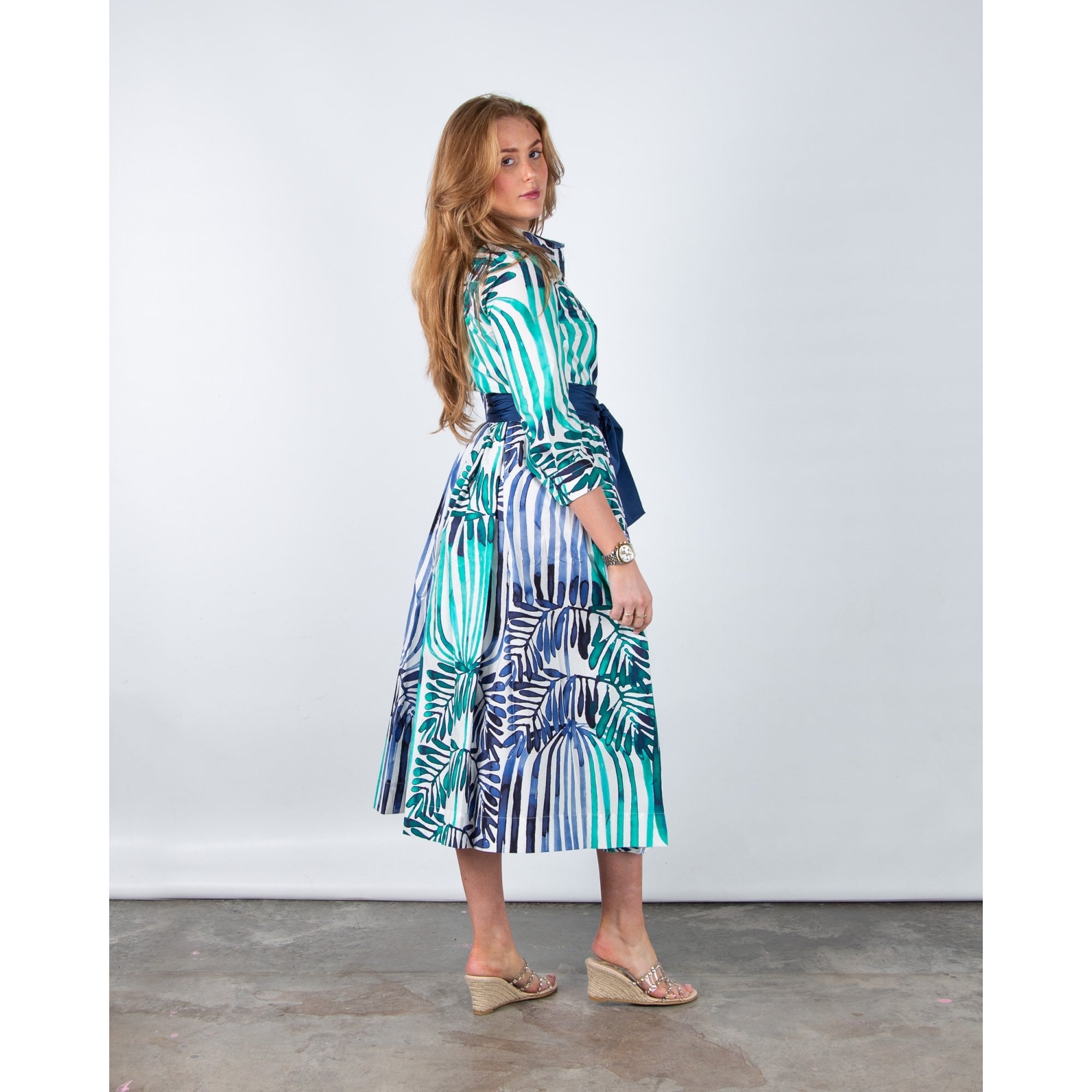Sara Roka Nidina85 Painted Palm Print Skater Shirt Dress Deco Indigo Emerald - BELT SOLD SEPARATELY