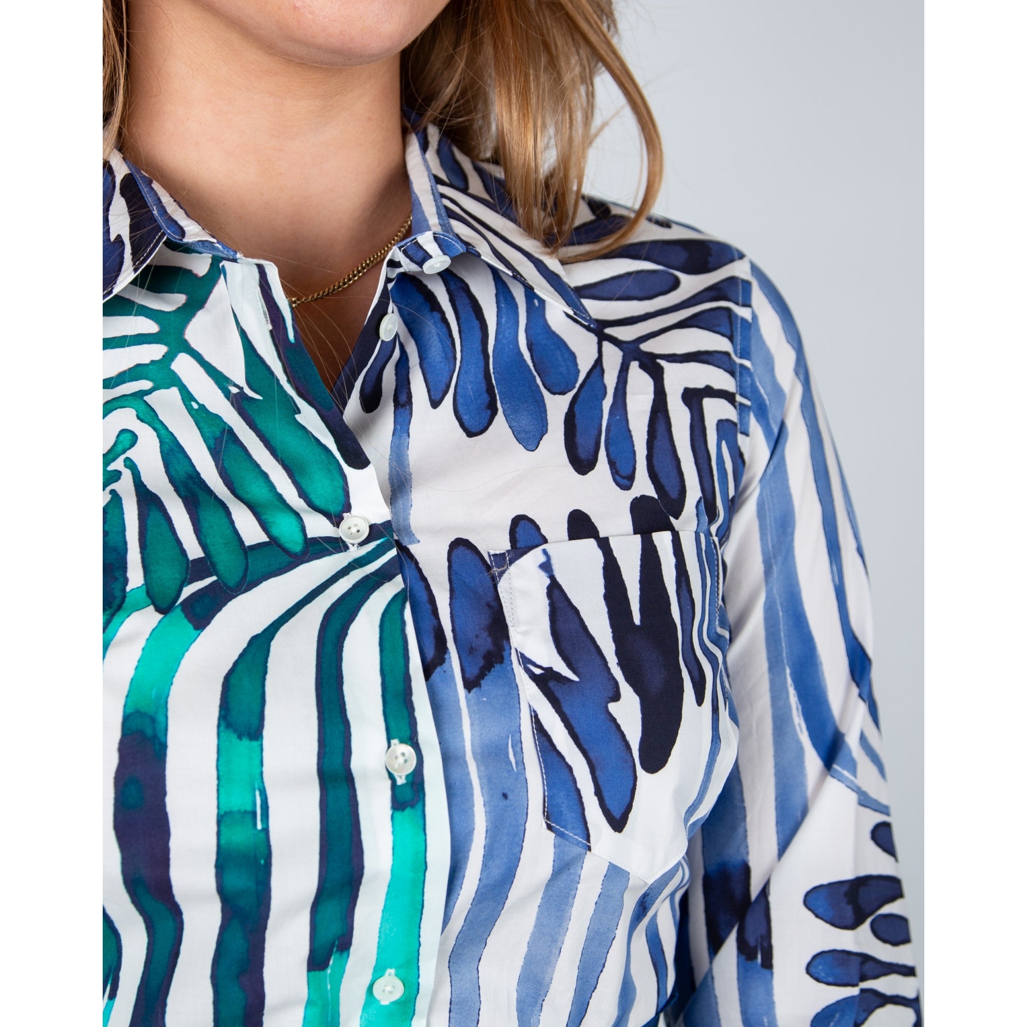 Sara Roka Nidina85 Painted Palm Print Skater Shirt Dress Deco Indigo Emerald - BELT SOLD SEPARATELY