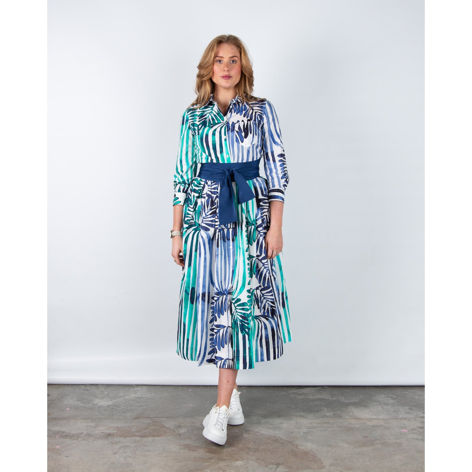 Sara Roka Nidina85 Painted Palm Print Skater Shirt Dress Deco Indigo Emerald - BELT SOLD SEPARATELY