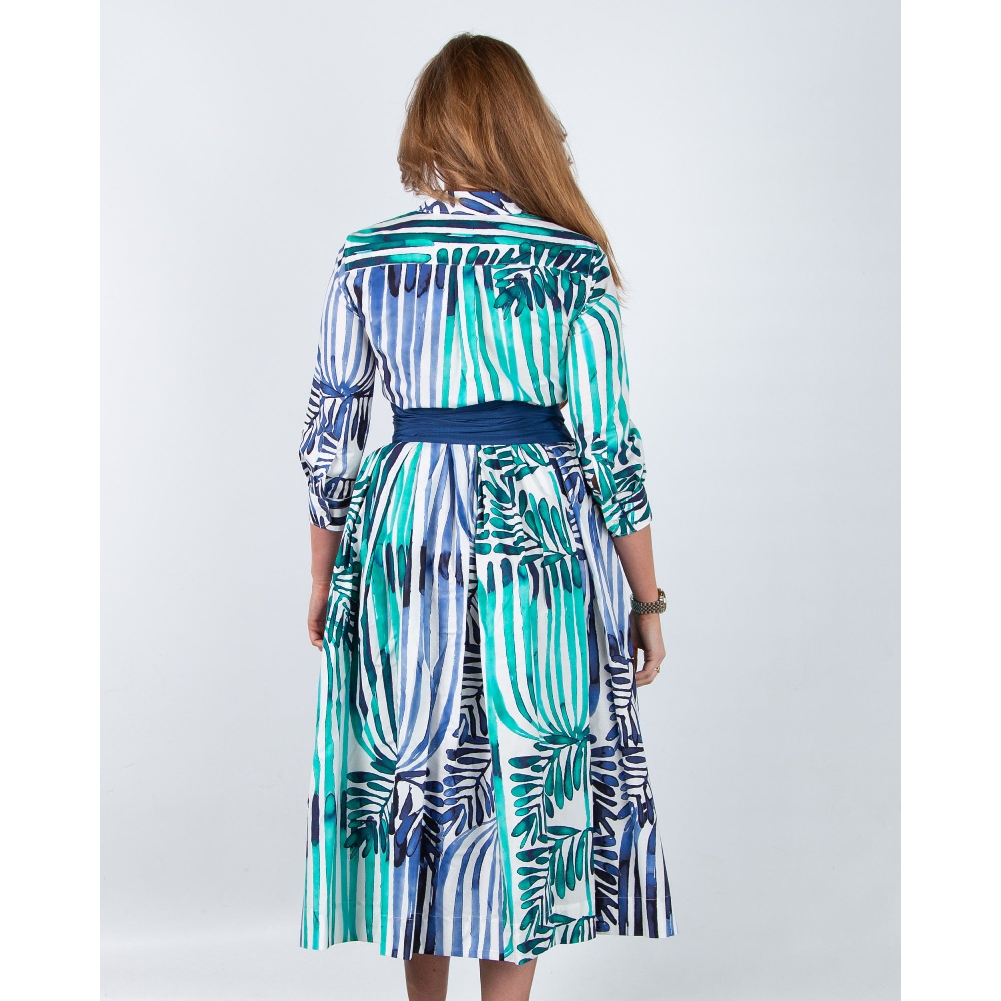 Sara Roka Nidina85 Painted Palm Print Skater Shirt Dress Deco Indigo Emerald - BELT SOLD SEPARATELY