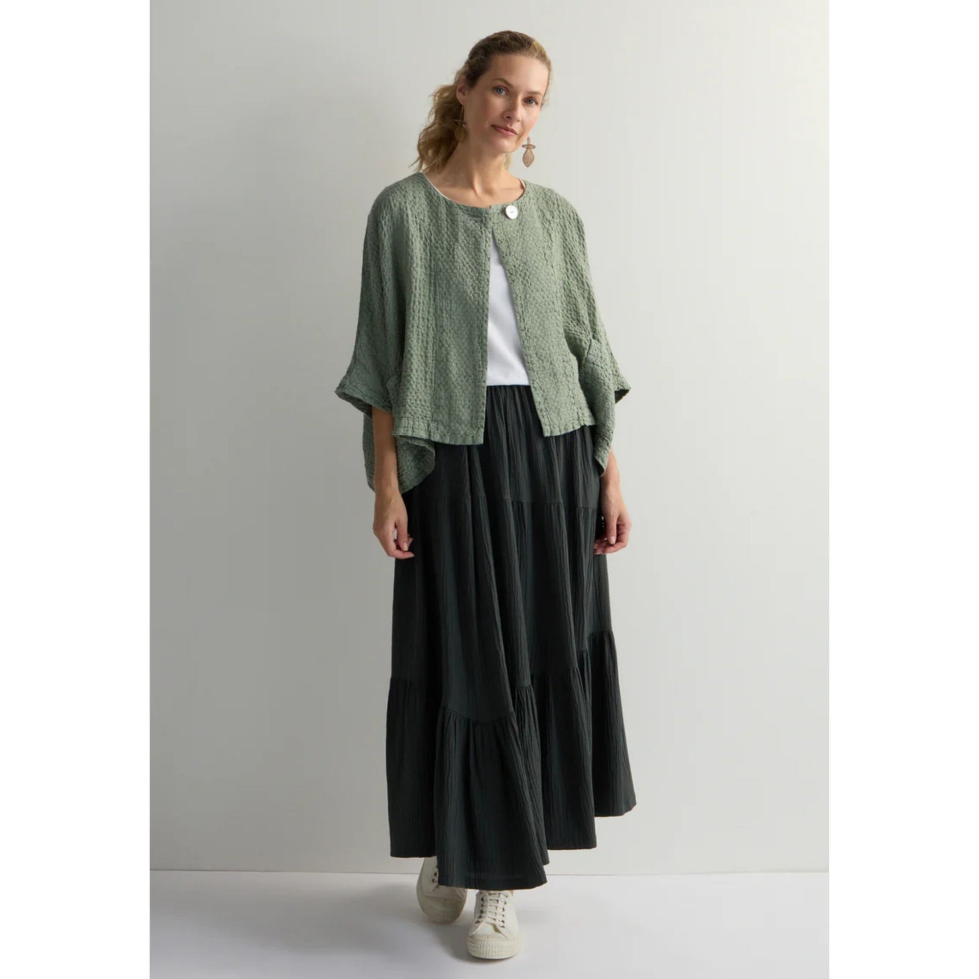 Sahara One Button Bat Wing Waffle Cape Jacket Sage