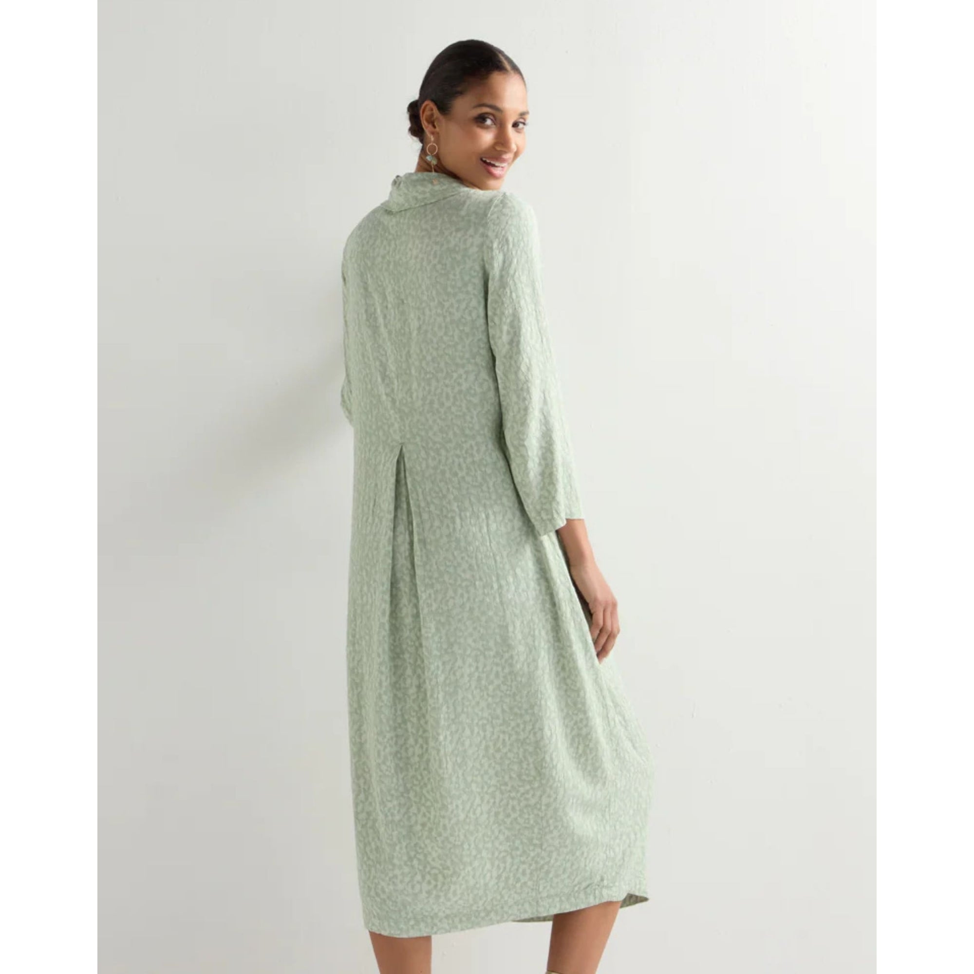 Sahara Cowl Neck Pleat Front Textured Cocoon Dress Light Sage