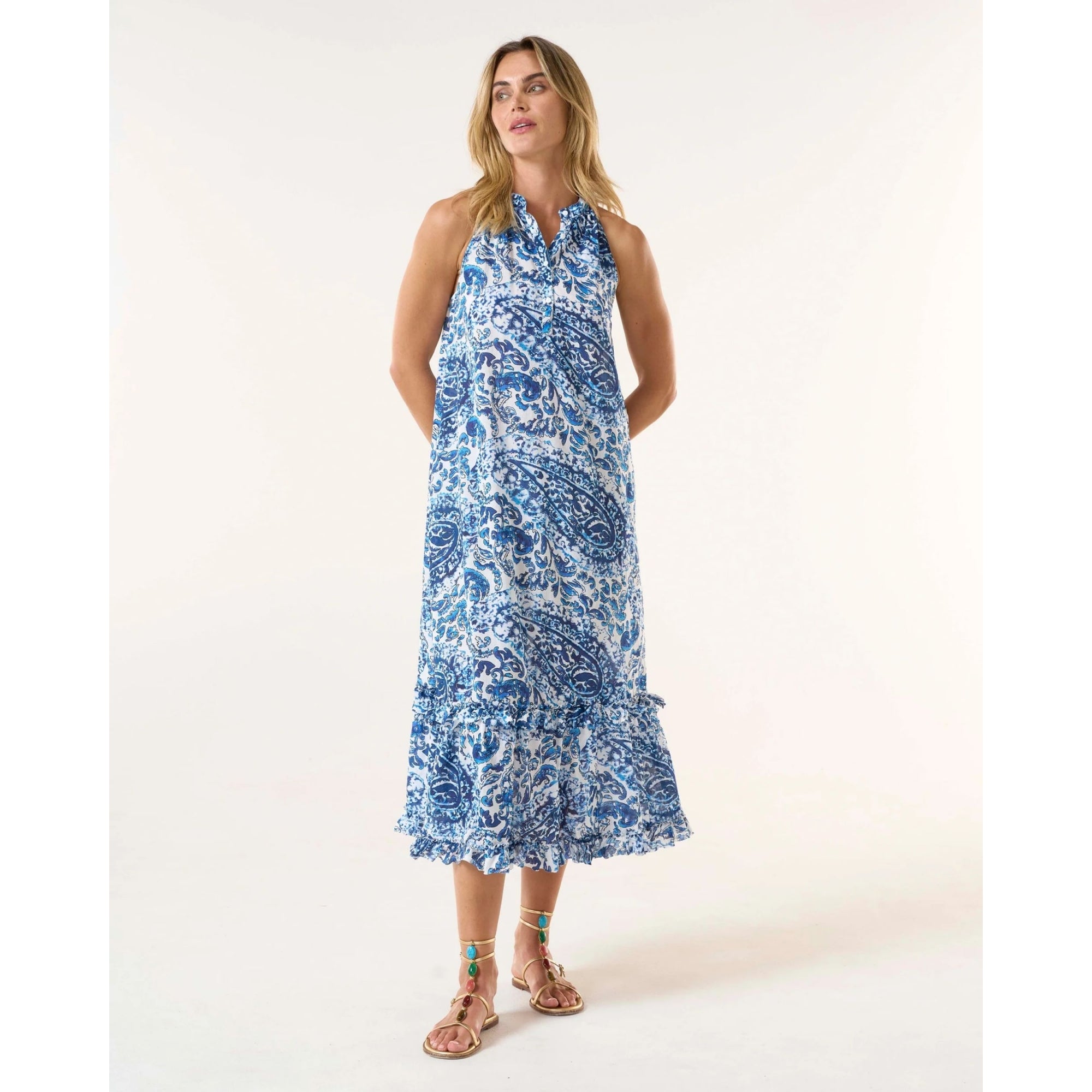One Season Molly Halter Neck Paisley Print Maxi Holiday Dress Hydra Navy