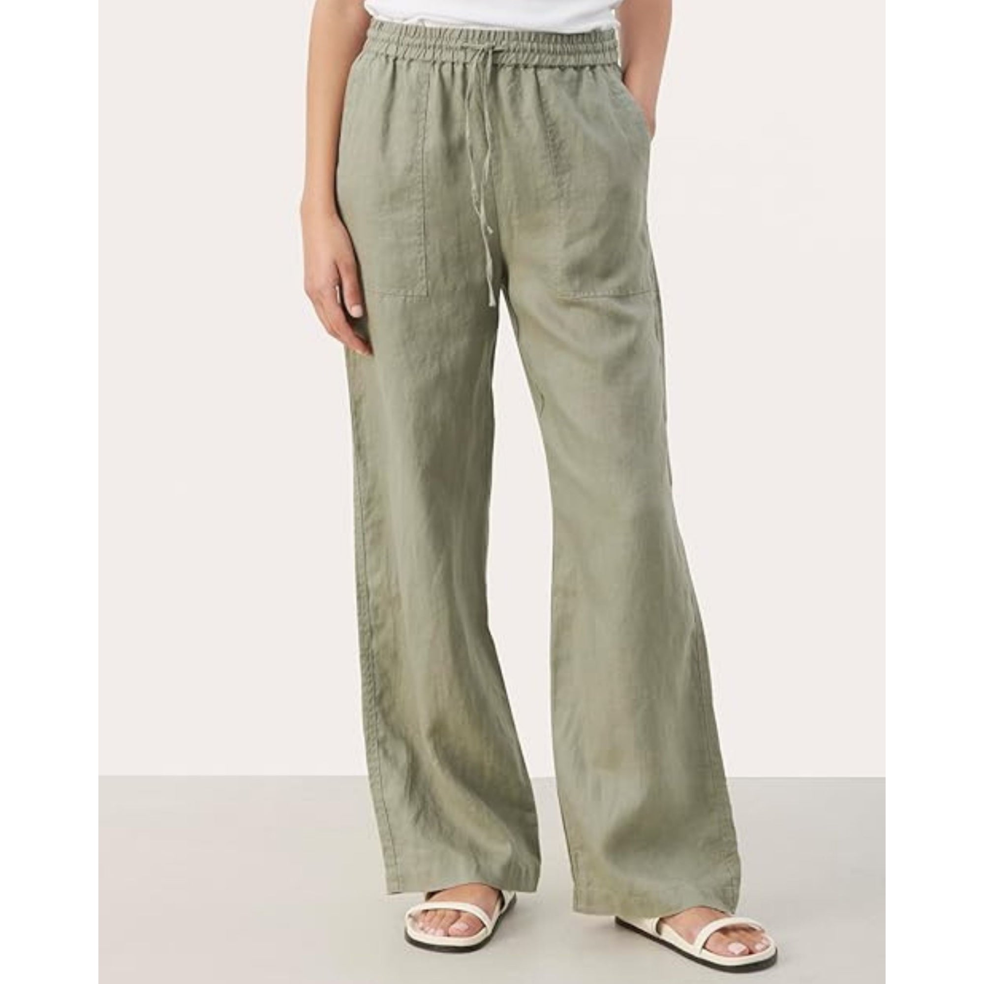 Part Two Eniola Wide Leg Drawstring Waist Linen Trouser Khaki