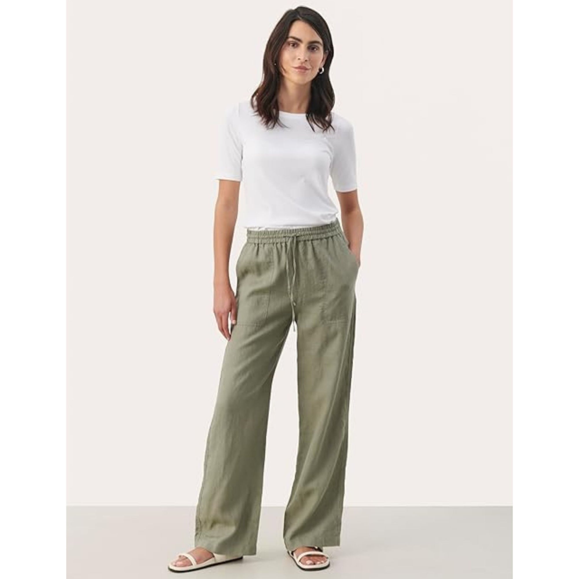 Part Two Eniola Wide Leg Drawstring Waist Linen Trouser Khaki