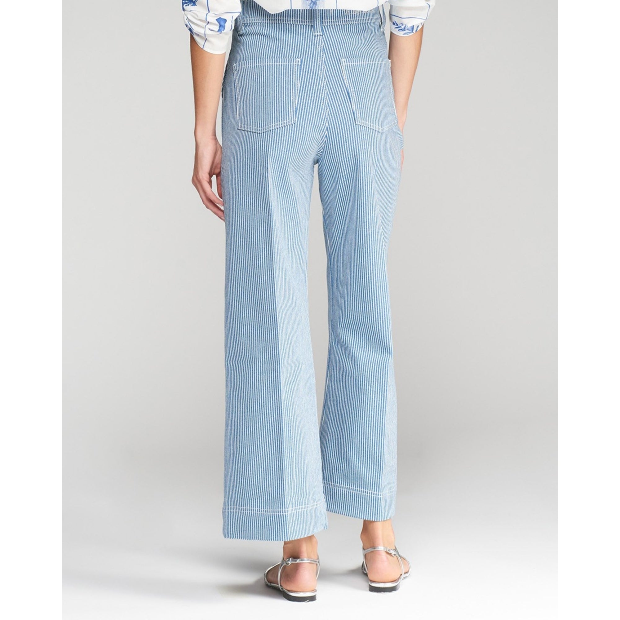 Vilagallo Noa Wide Leg Denim Pinstripe Cropped Jean Denim/white
