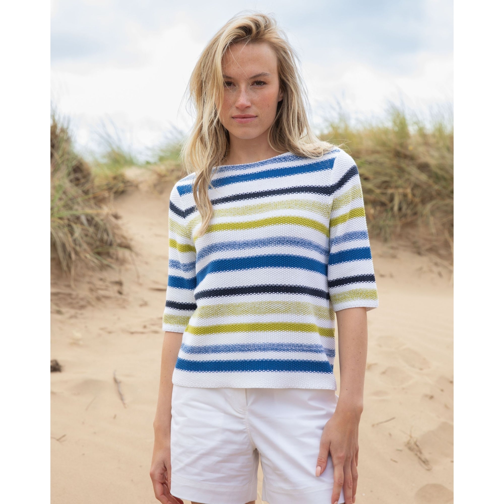 Marble Fashions Waffle Knit Stripe Jumper With 3/4 Sleeve Lime/blue 153