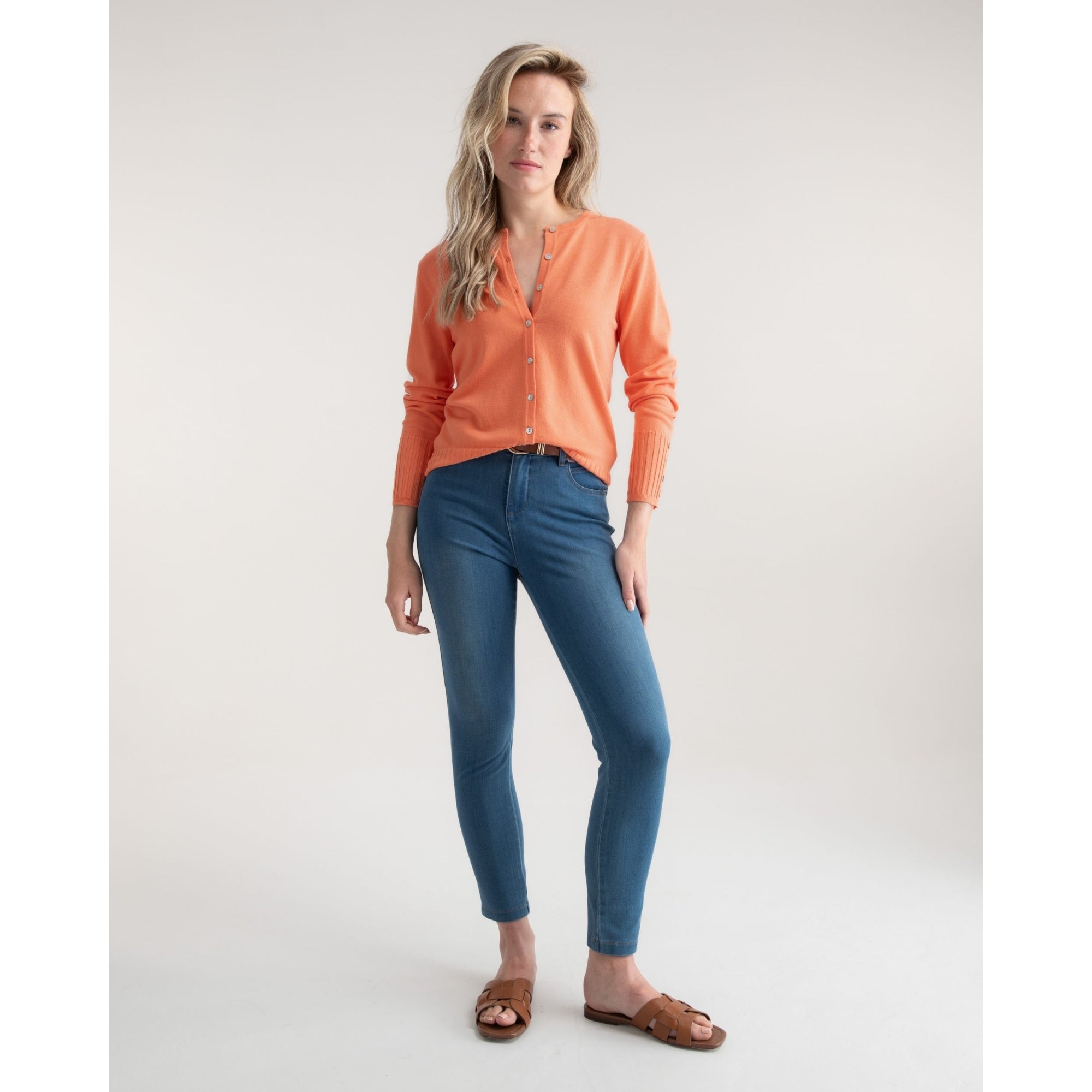 Marble Fashions Button Down Fine Knit Cardigan With Rib Trim Peach 191