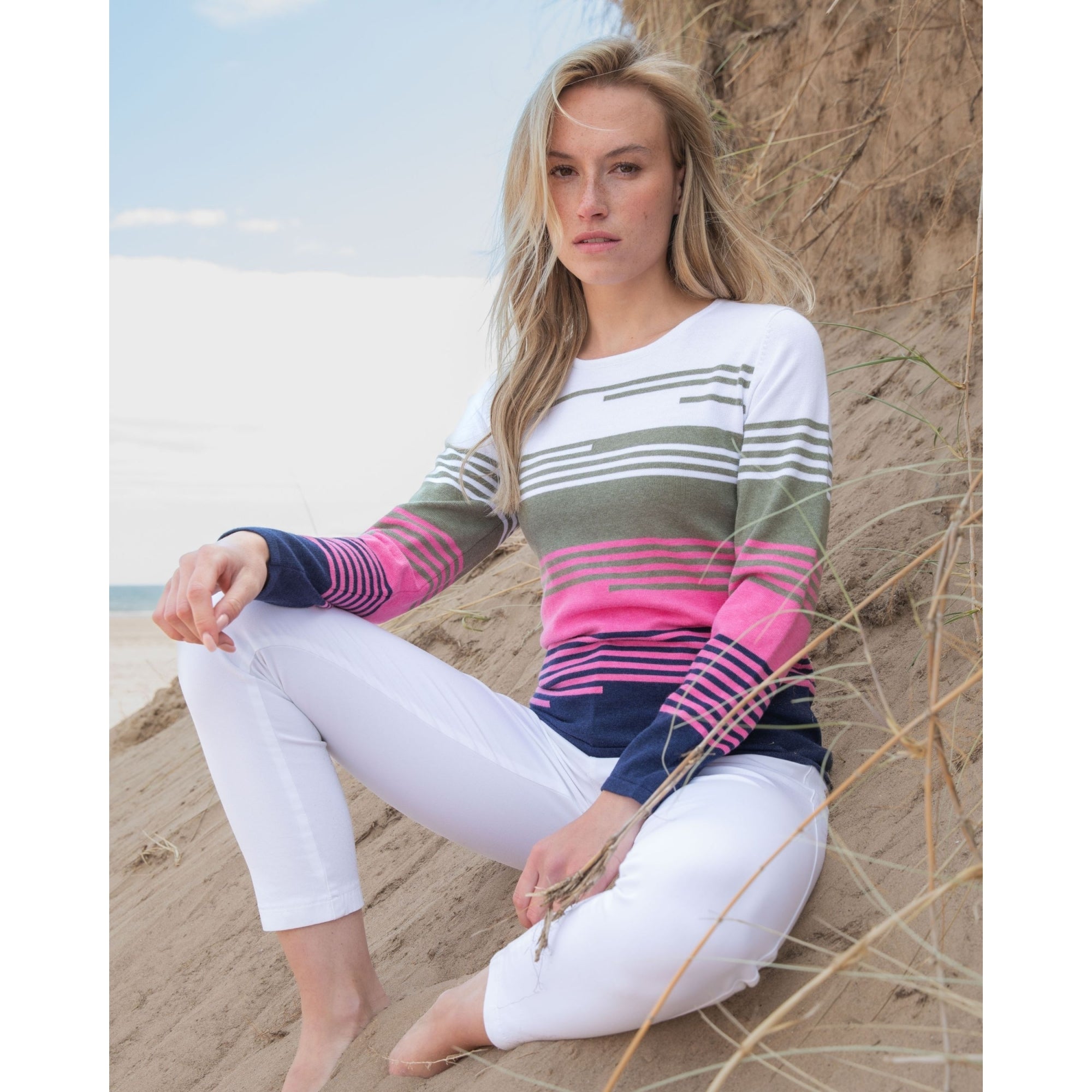 Marble Fashions Stripe Long Sleeve Knit Jumper Khaki/navy/pink 123