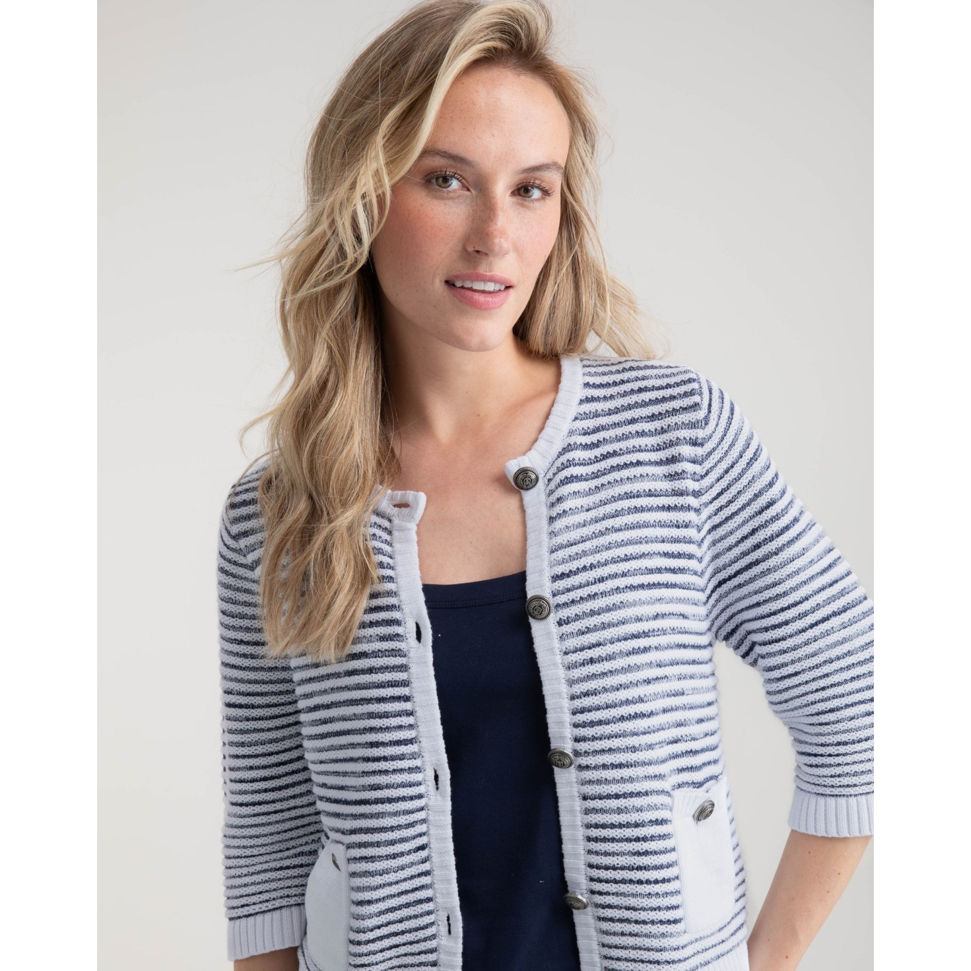 Marble Fashions Stripe Rib Knit Patch Pocket Cardigan White 102