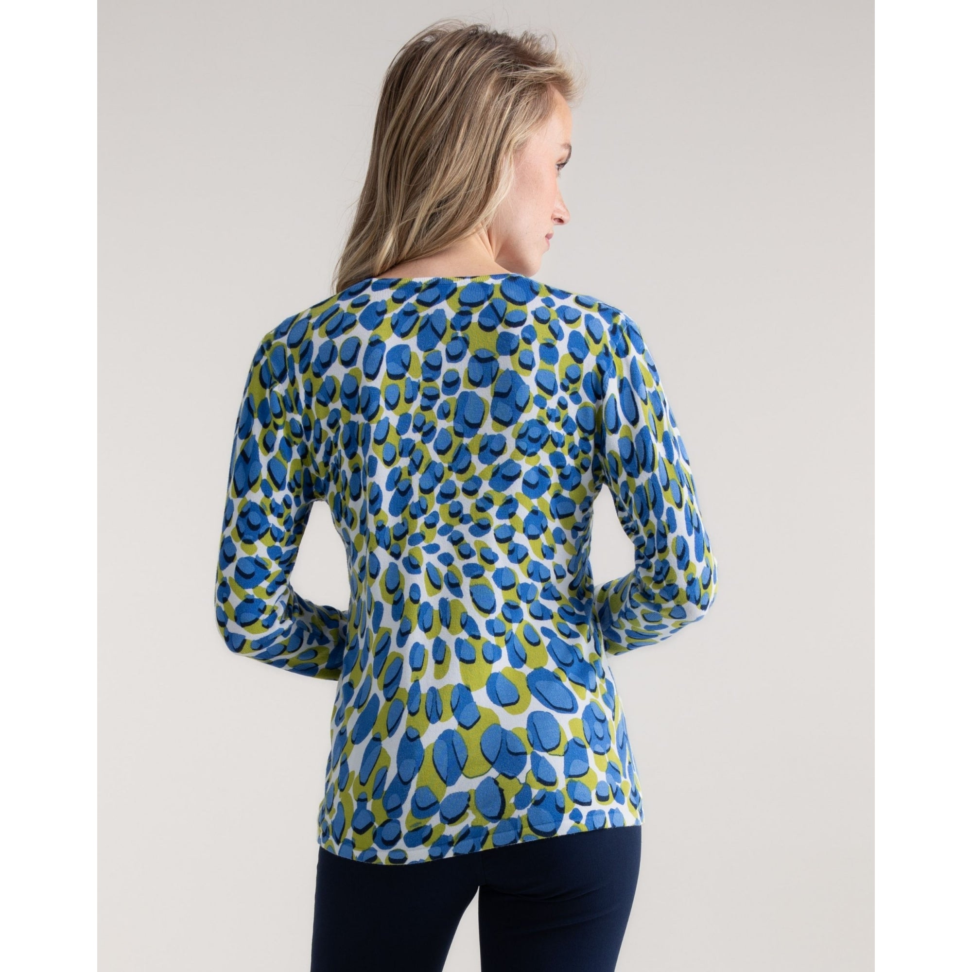 Marble Fashions V Neck Pebble Print Fine Knit Jumper Cobalt/lime 153